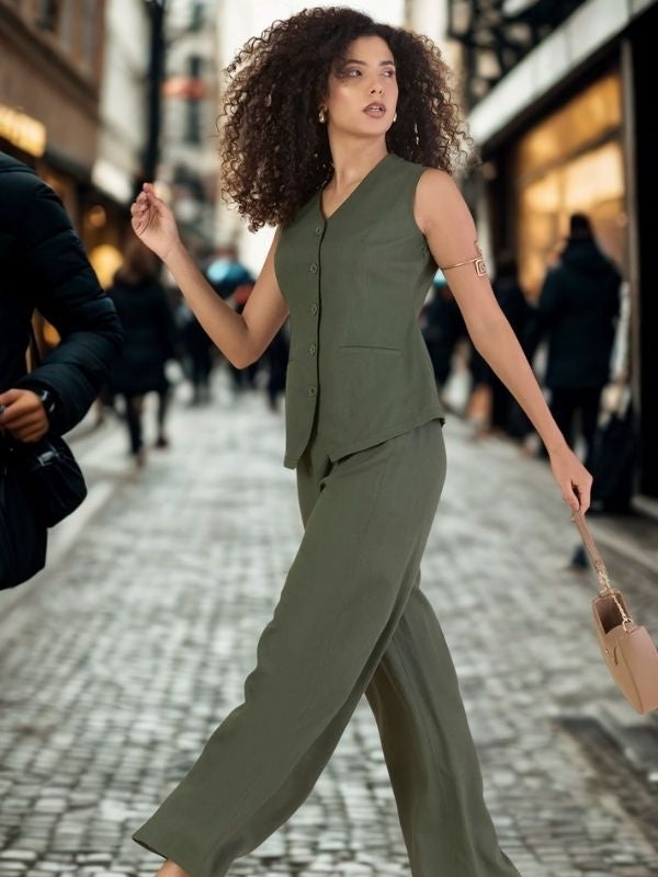 Women V-Neck Vest With Trousers Co-Ords