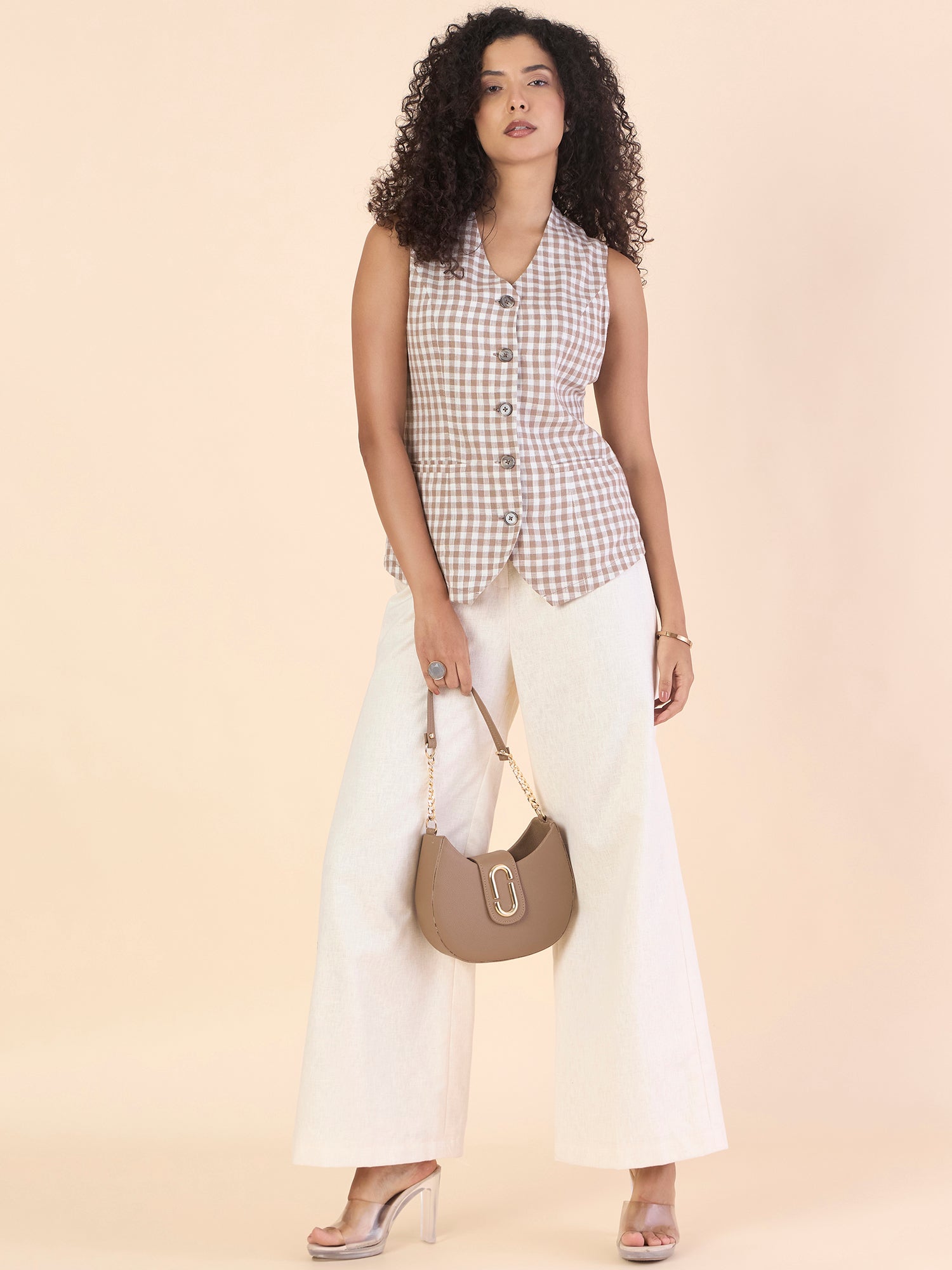 Brown Gingham Cotton-Linen Vest Top With Straight Fit Co-ords Set