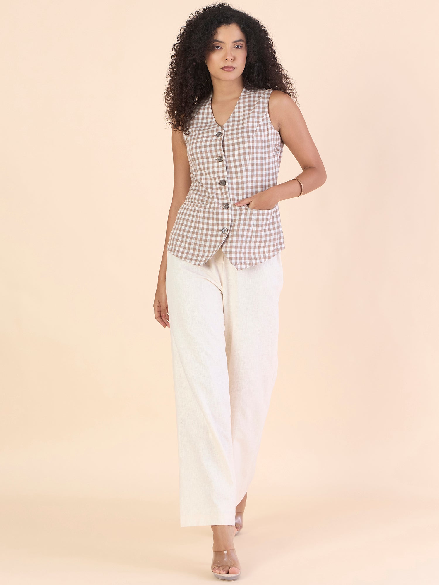 Brown Gingham Cotton-Linen Vest Top With Straight Fit Co-ords Set