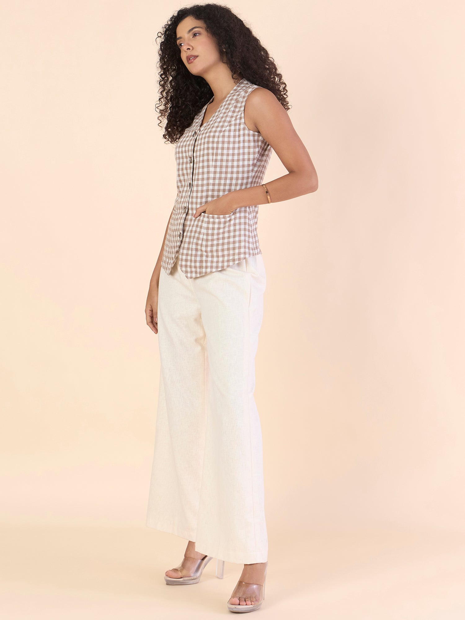 Brown Gingham Cotton-Linen Vest Top With Straight Fit Co-ords Set