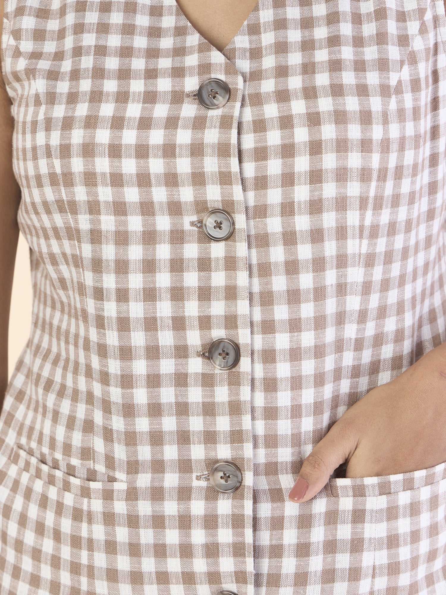 Brown Gingham Cotton-Linen Vest Top With Straight Fit Co-ords Set