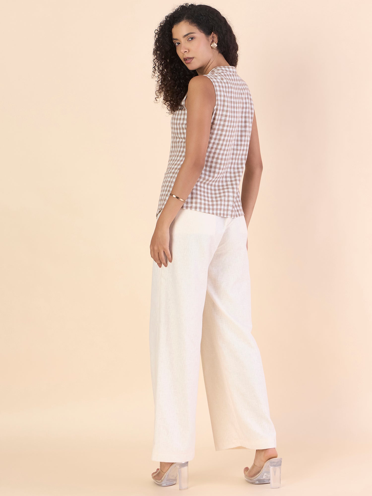 Brown Gingham Cotton-Linen Vest Top With Straight Fit Co-ords Set