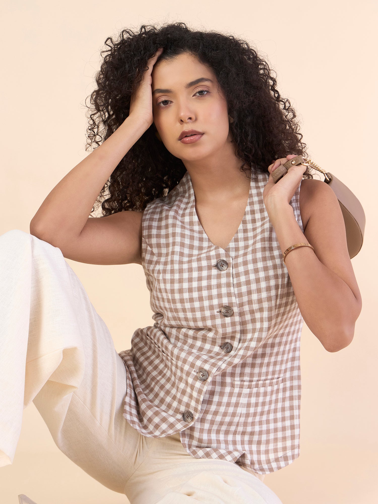 Brown Gingham Cotton-Linen Vest Top With Straight Fit Co-ords Set