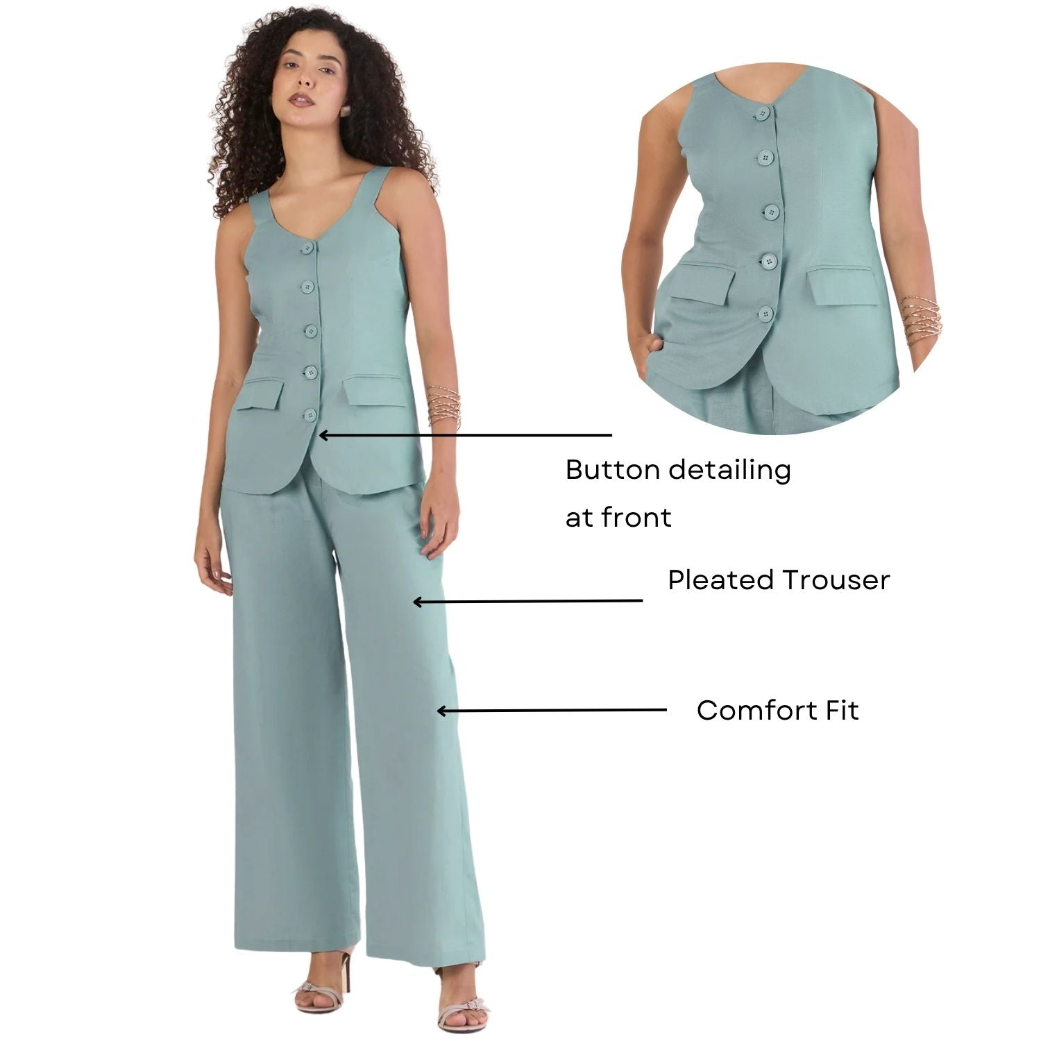 Light-Blue Breezy Women Sweet Heart-Neckline Vest With Straight Relax-Fit Cotton-Blend Co-ord Set