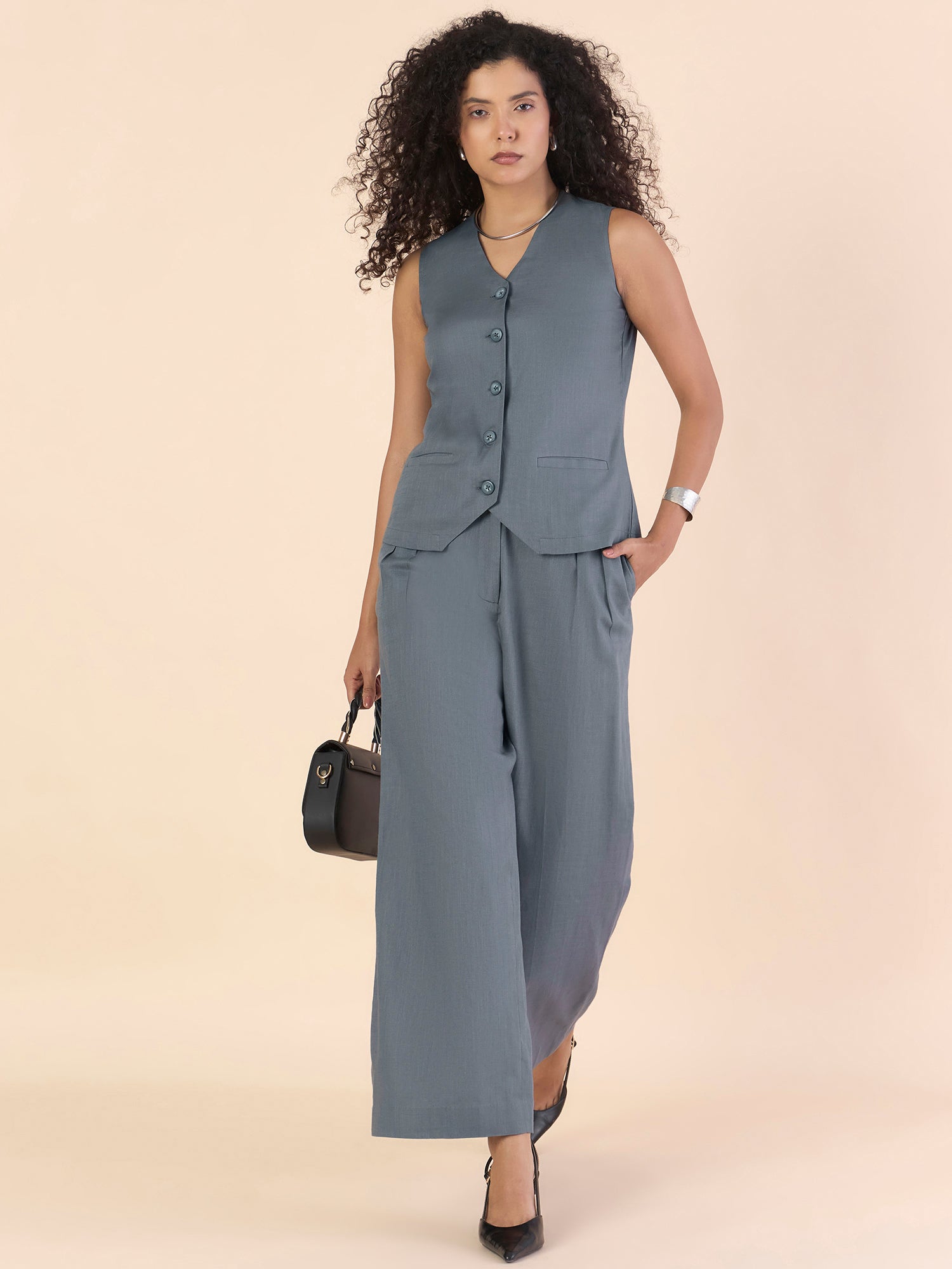 Grey Casual Chic V neckline Button Closure Vest With Double Pleated Cotton Relaxed-Fit Co-ord Set