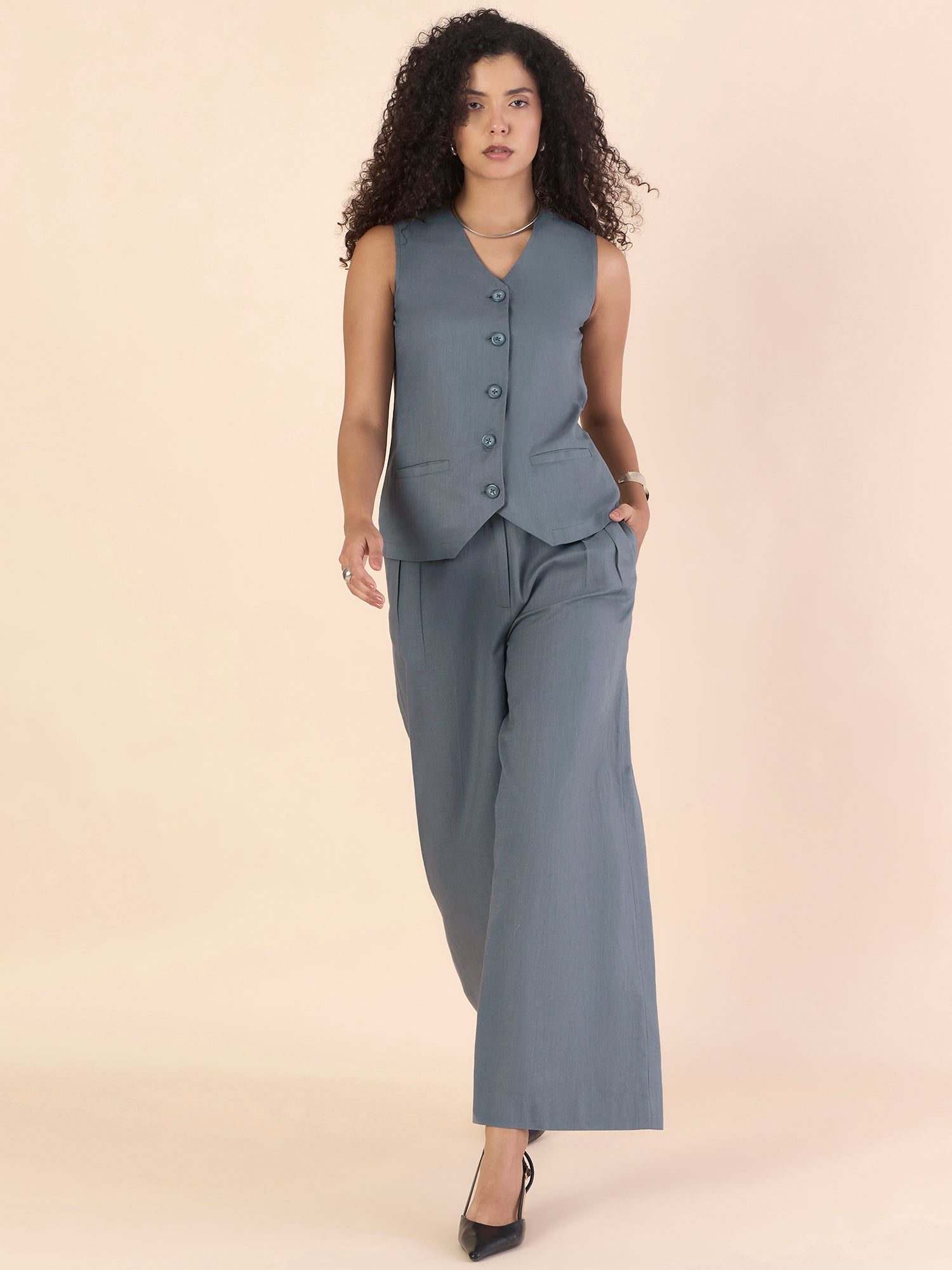 Grey Casual Chic V neckline Button Closure Vest With Double Pleated Cotton Relaxed-Fit Co-ord Set
