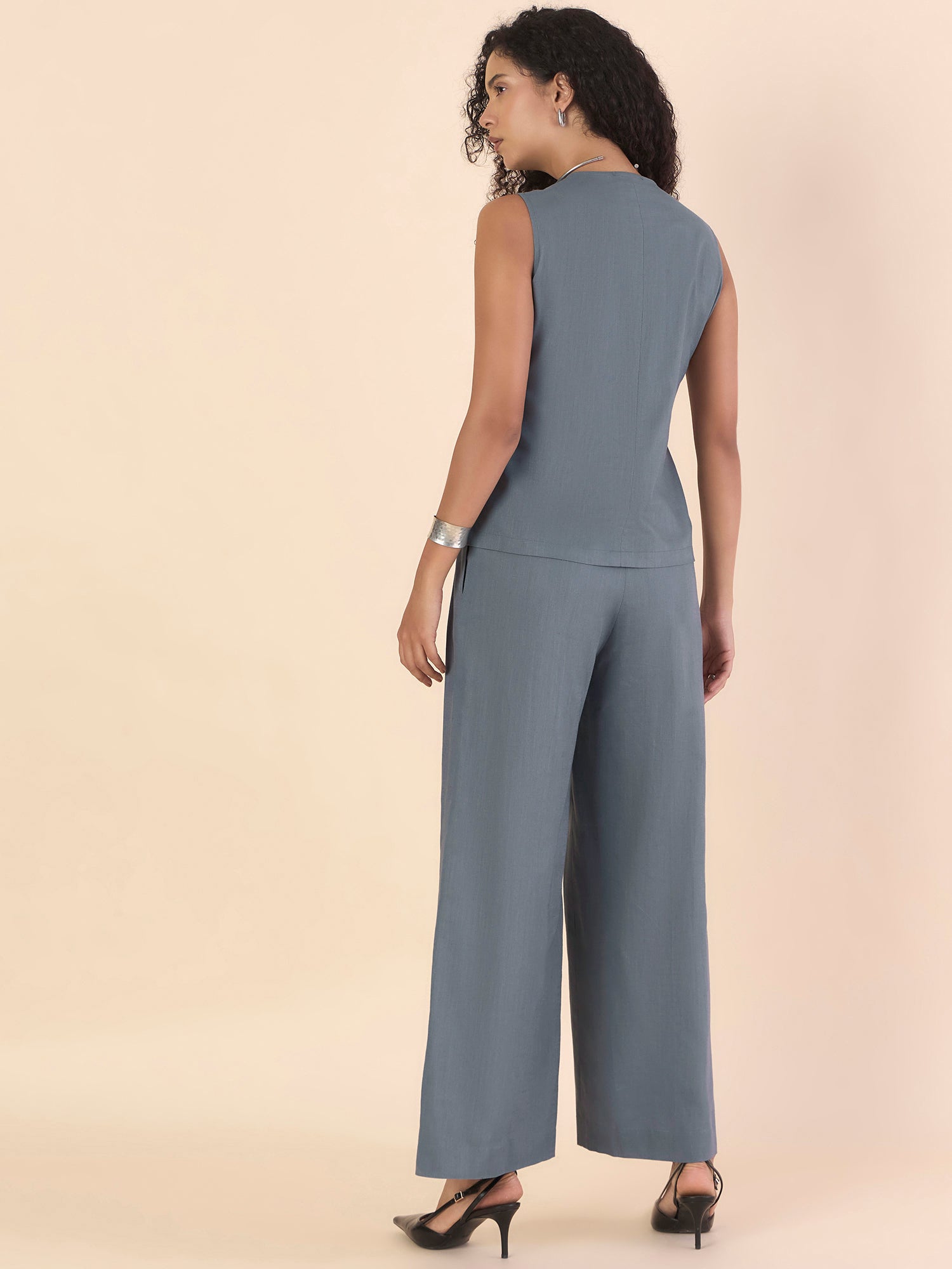 Grey Casual Chic V neckline Button Closure Vest With Double Pleated Cotton Relaxed-Fit Co-ord Set