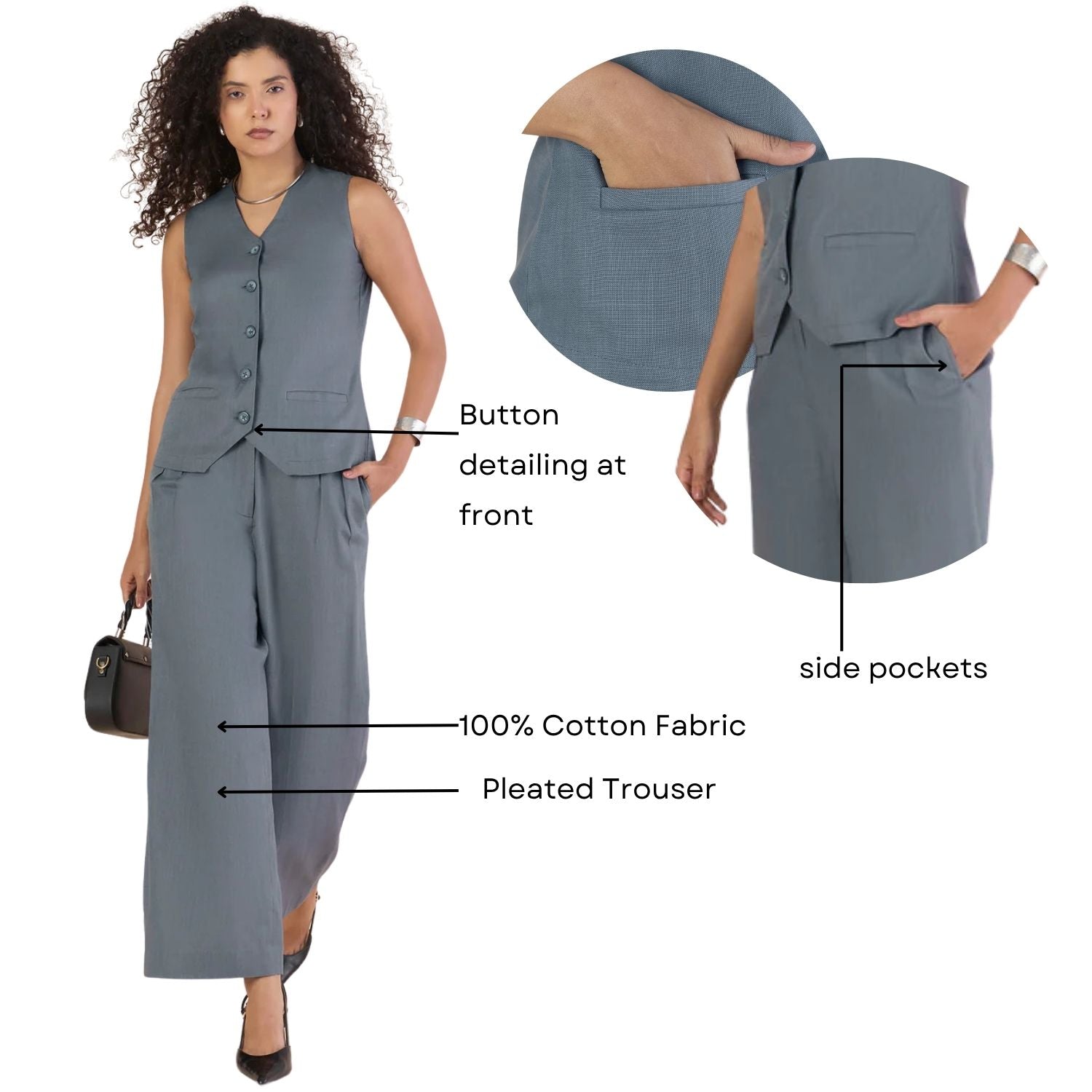 Grey Casual Chic V neckline Button Closure Vest With Double Pleated Cotton Relaxed-Fit Co-ord Set