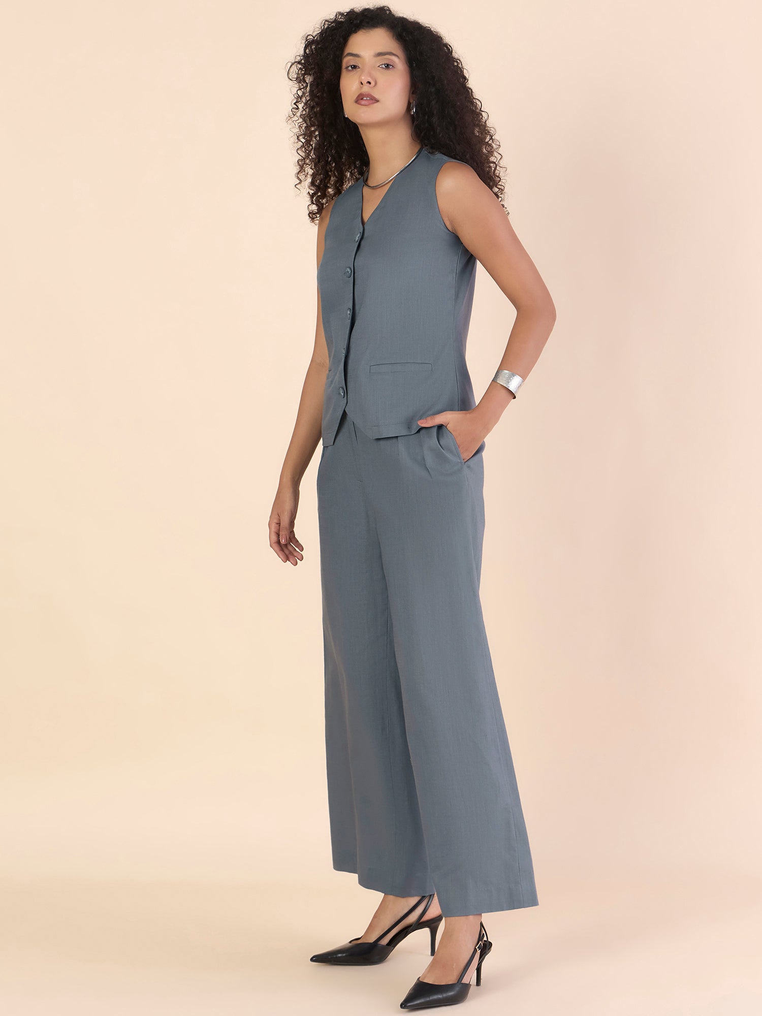 Grey Casual Chic V neckline Button Closure Vest With Double Pleated Cotton Relaxed-Fit Co-ord Set