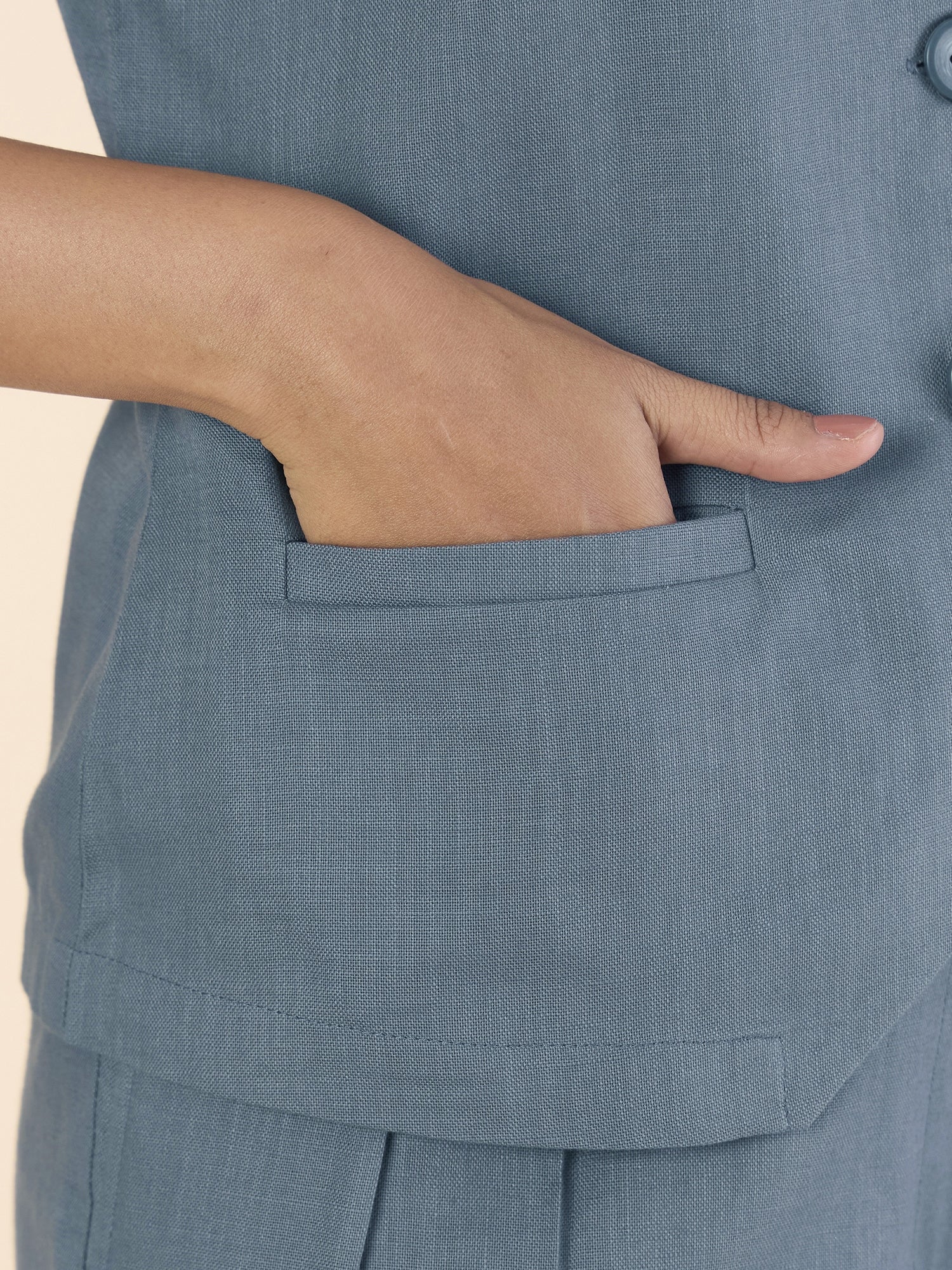 Grey Casual Chic V neckline Button Closure Vest With Double Pleated Cotton Relaxed-Fit Co-ord Set