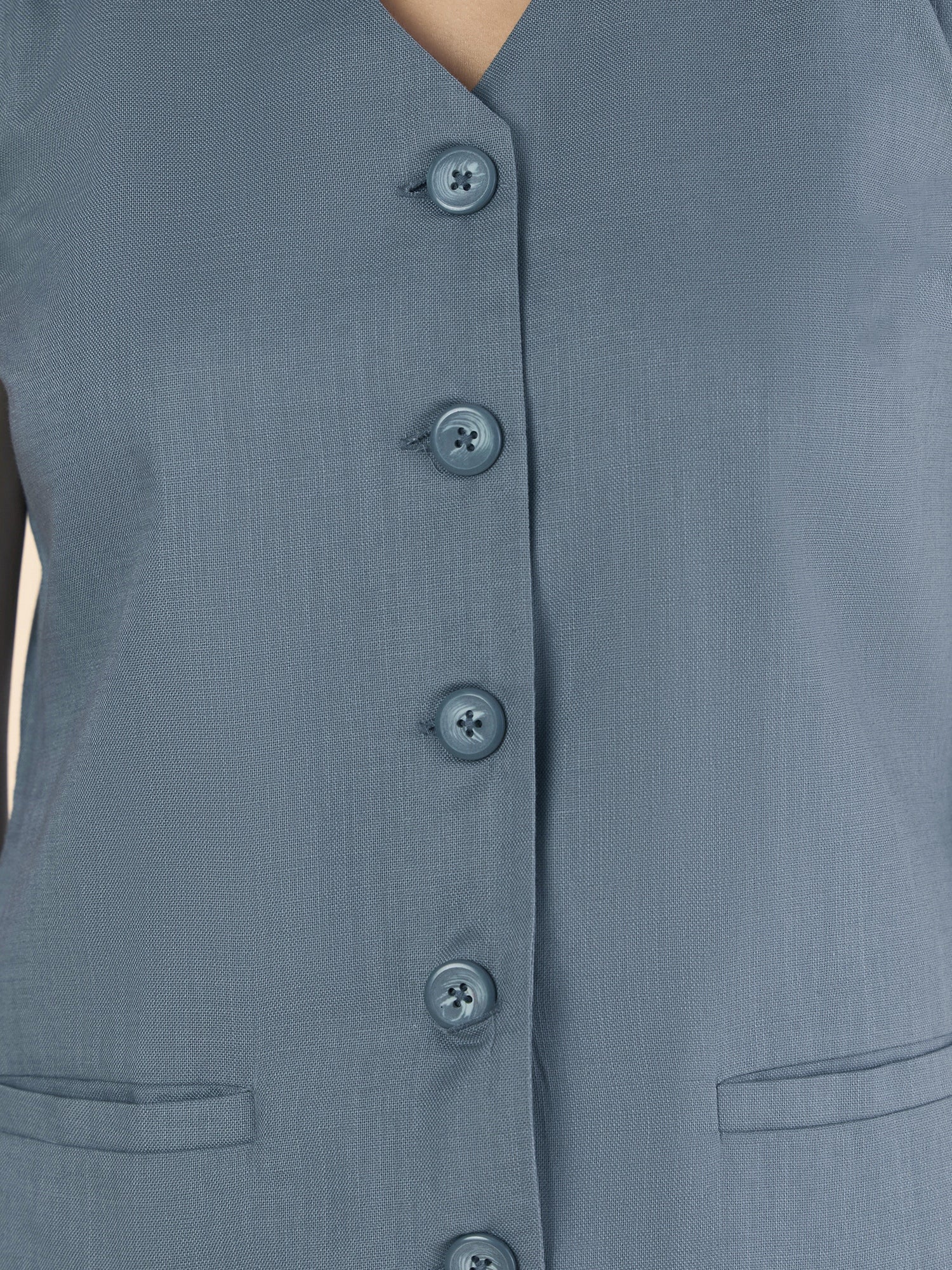 Grey Casual Chic V neckline Button Closure Vest With Double Pleated Cotton Relaxed-Fit Co-ord Set