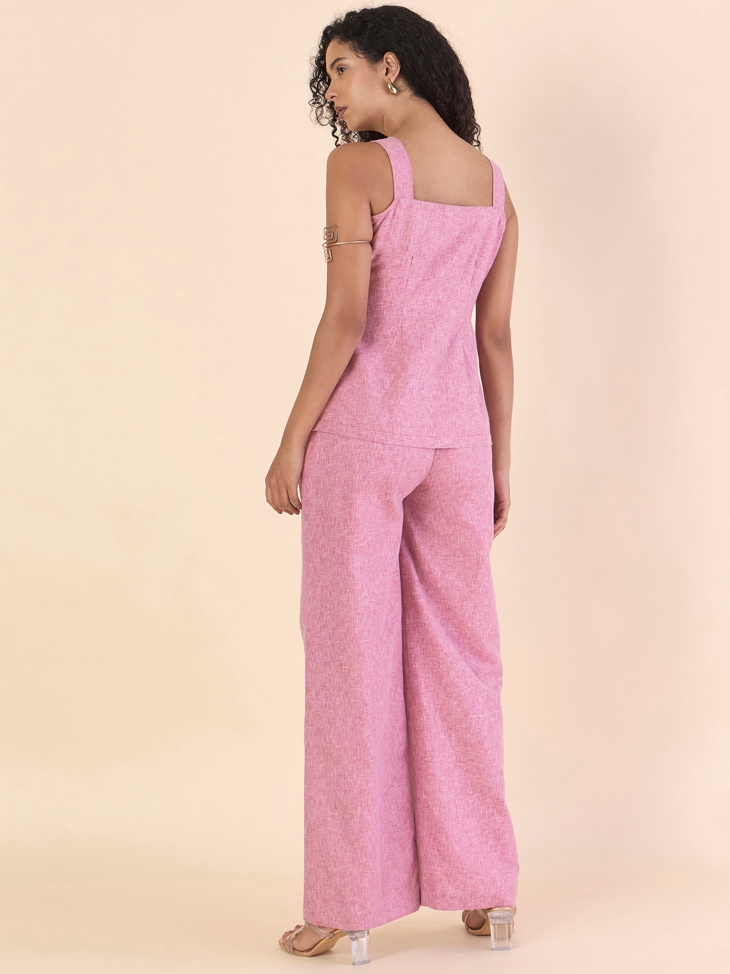 Women Sweet heart -Neckline Vest With Straight-Fit Bleached Mauve Pink Textured Co-ord Set