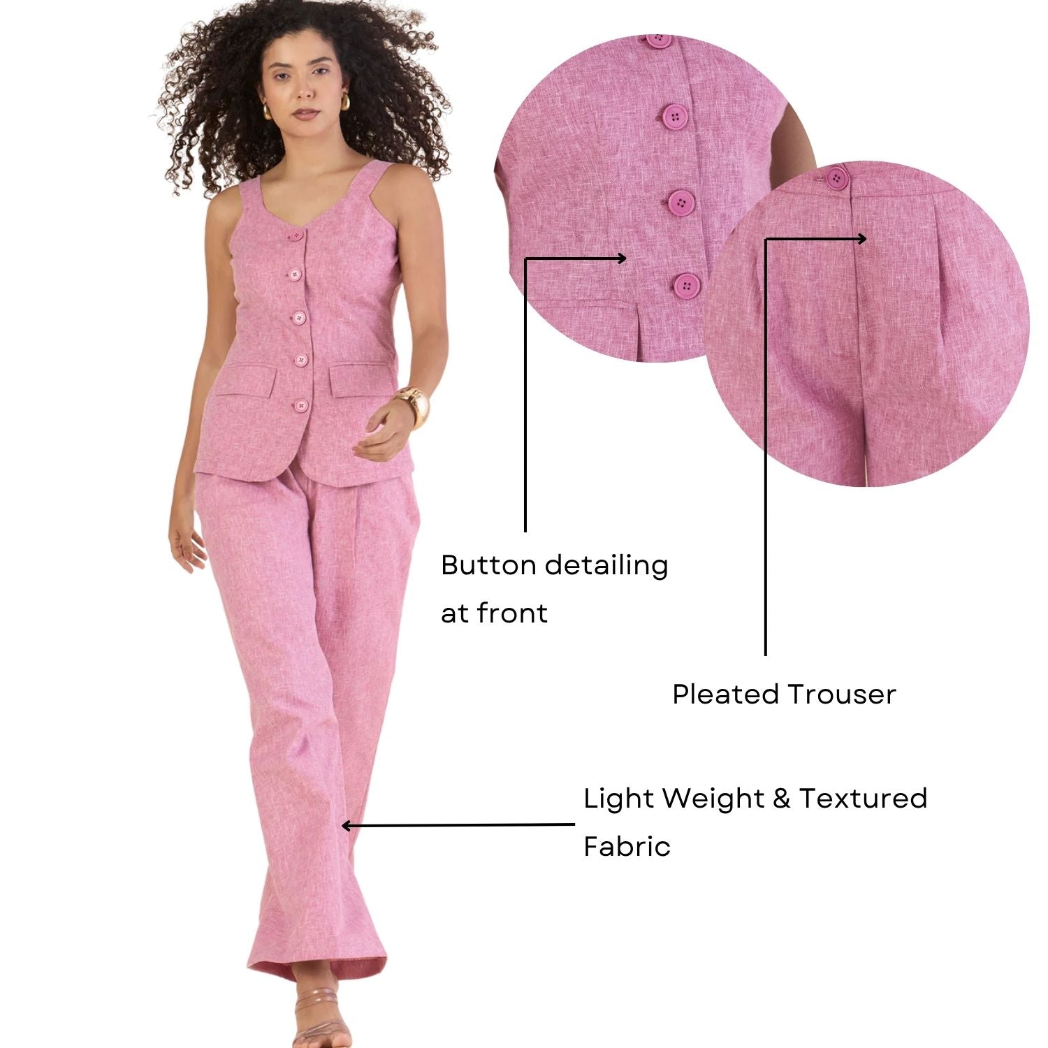 Women Sweet heart -Neckline Vest With Straight-Fit Bleached Mauve Pink Textured Co-ord Set