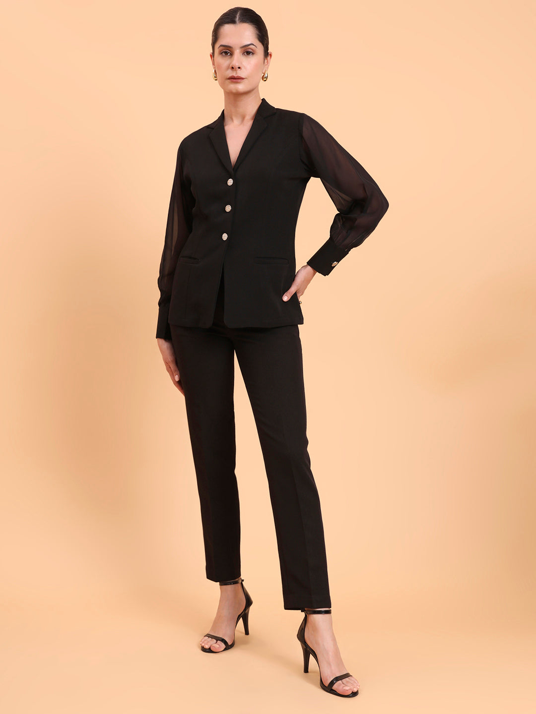 Women Sheer Sleeve Notch Collar Top With Mid Waist Stretch Black Co-Ords Set