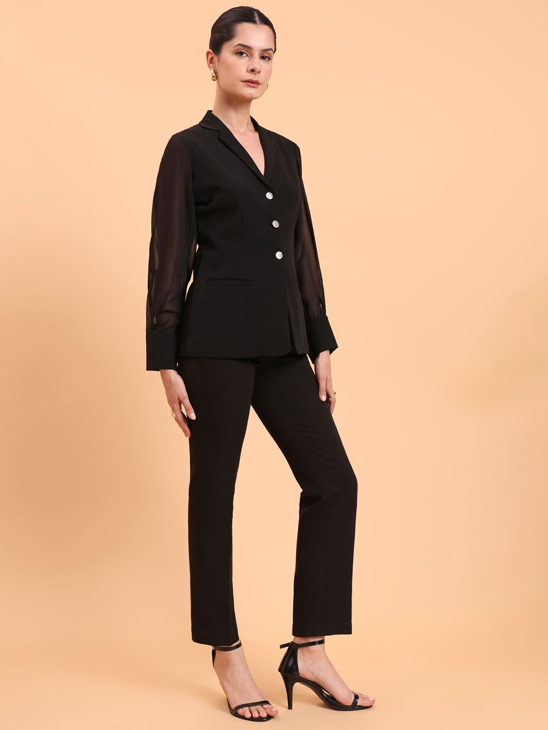 Women Sheer Sleeve Notch Collar Top With Mid Waist Stretch Black Co-Ords Set