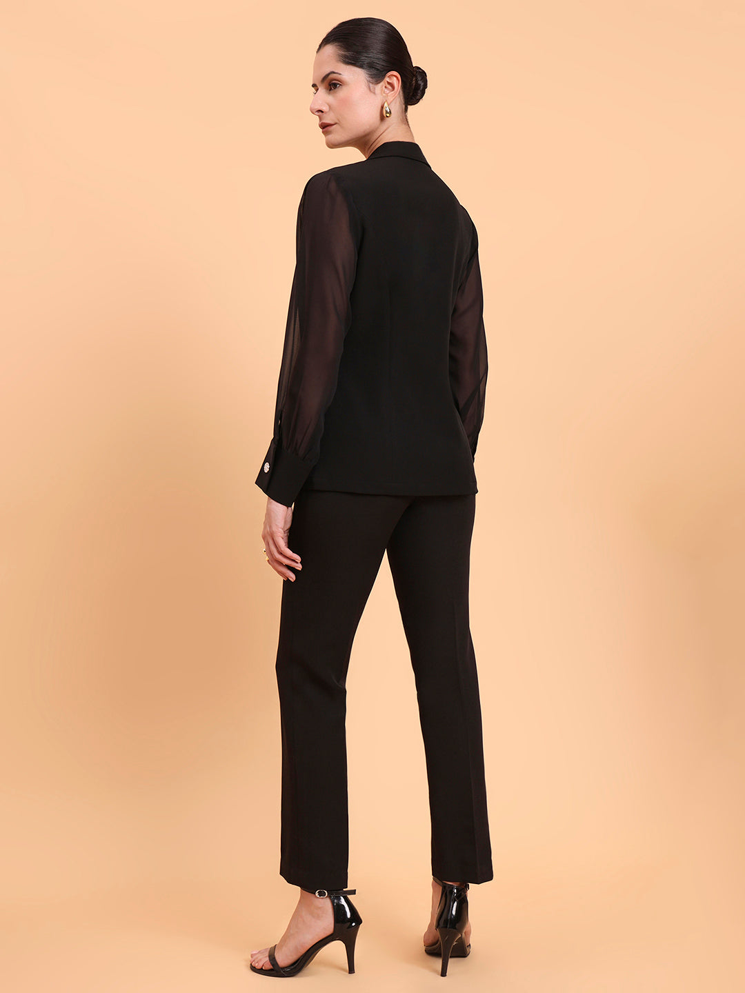 Women Sheer Sleeve Notch Collar Top With Mid Waist Stretch Black Co-Ords Set