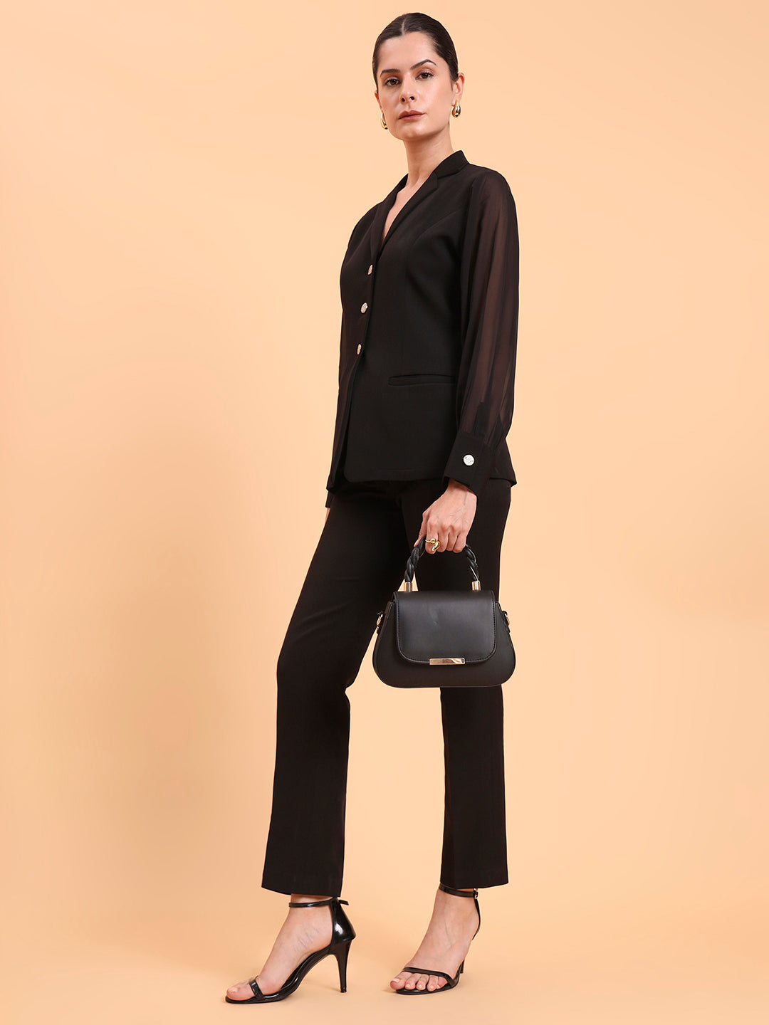 Women Sheer Sleeve Notch Collar Top With Mid Waist Stretch Black Co-Ords Set