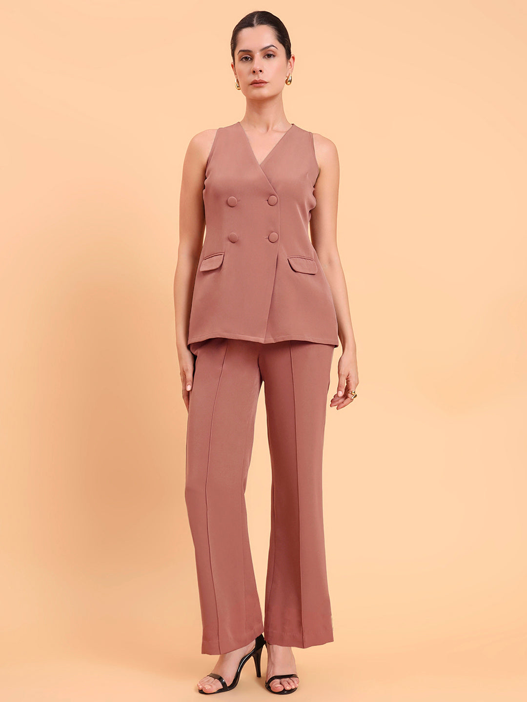 Dusty Peach Double Brested Sleeveless Vest With Straight Fit Pintuck Detailed Co-Ords Set