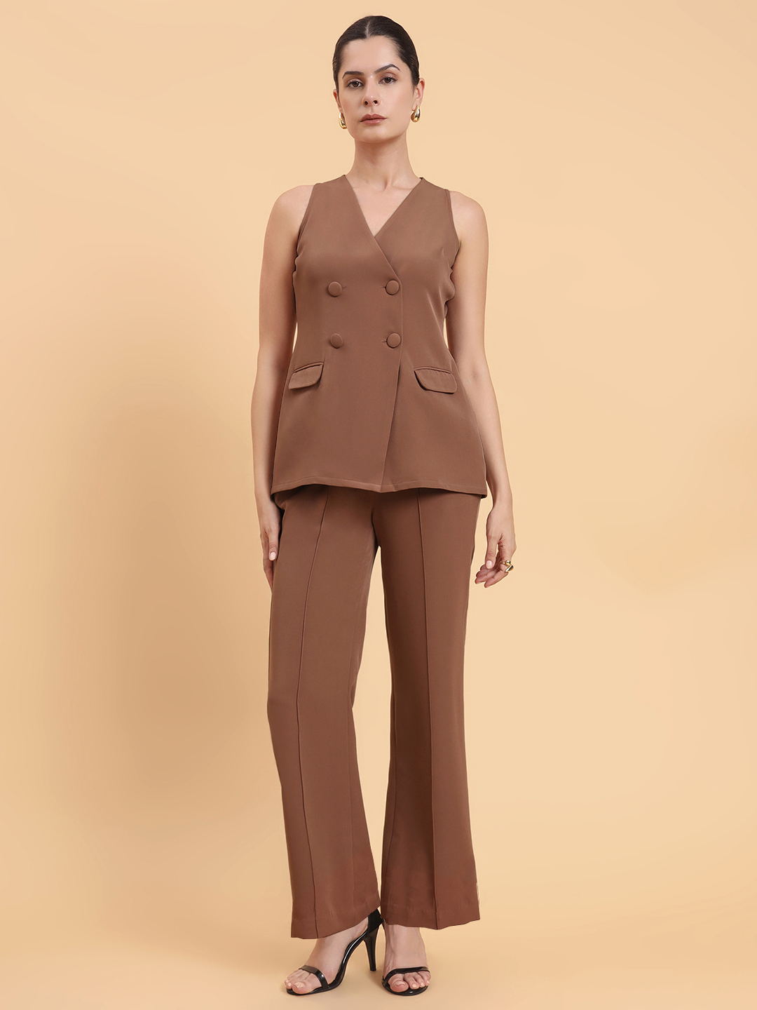 Dusty Peach Double Brested Sleeveless Vest With Straight Fit Pintuck Detailed Co-Ords Set