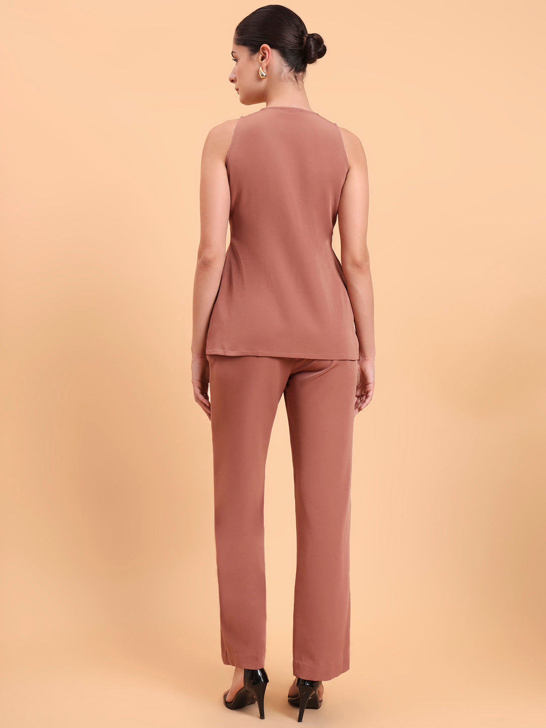 Dusty Peach Double Brested Sleeveless Vest With Straight Fit Pintuck Detailed Co-Ords Set
