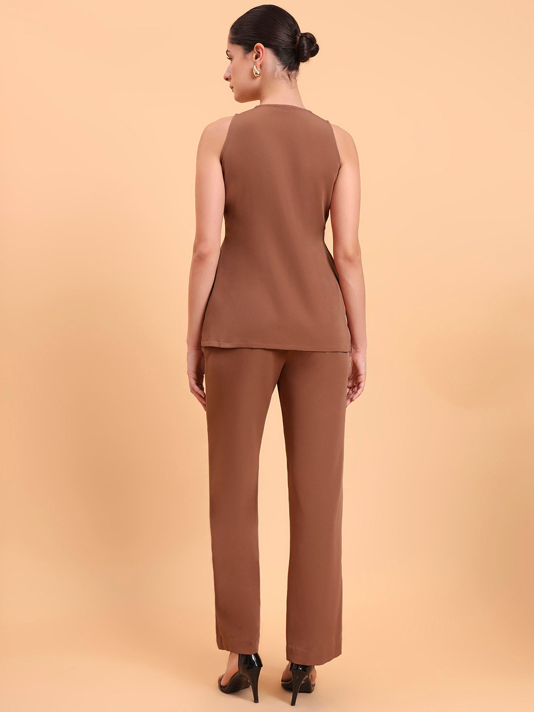 Dusty Peach Double Brested Sleeveless Vest With Straight Fit Pintuck Detailed Co-Ords Set