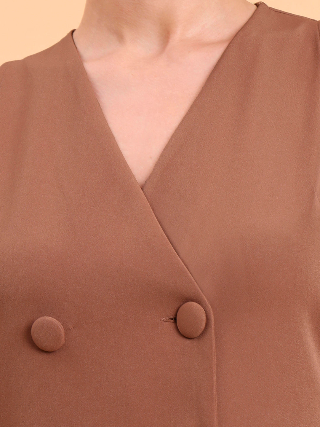 Dusty Peach Double Brested Sleeveless Vest With Straight Fit Pintuck Detailed Co-Ords Set