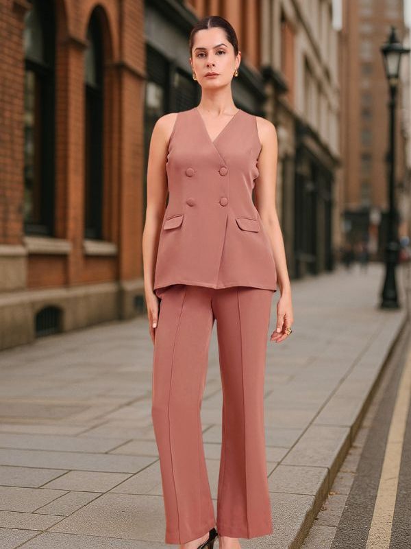 Dusty Peach Double Brested Sleeveless Vest With Straight Fit Pintuck Detailed Co-Ords Set