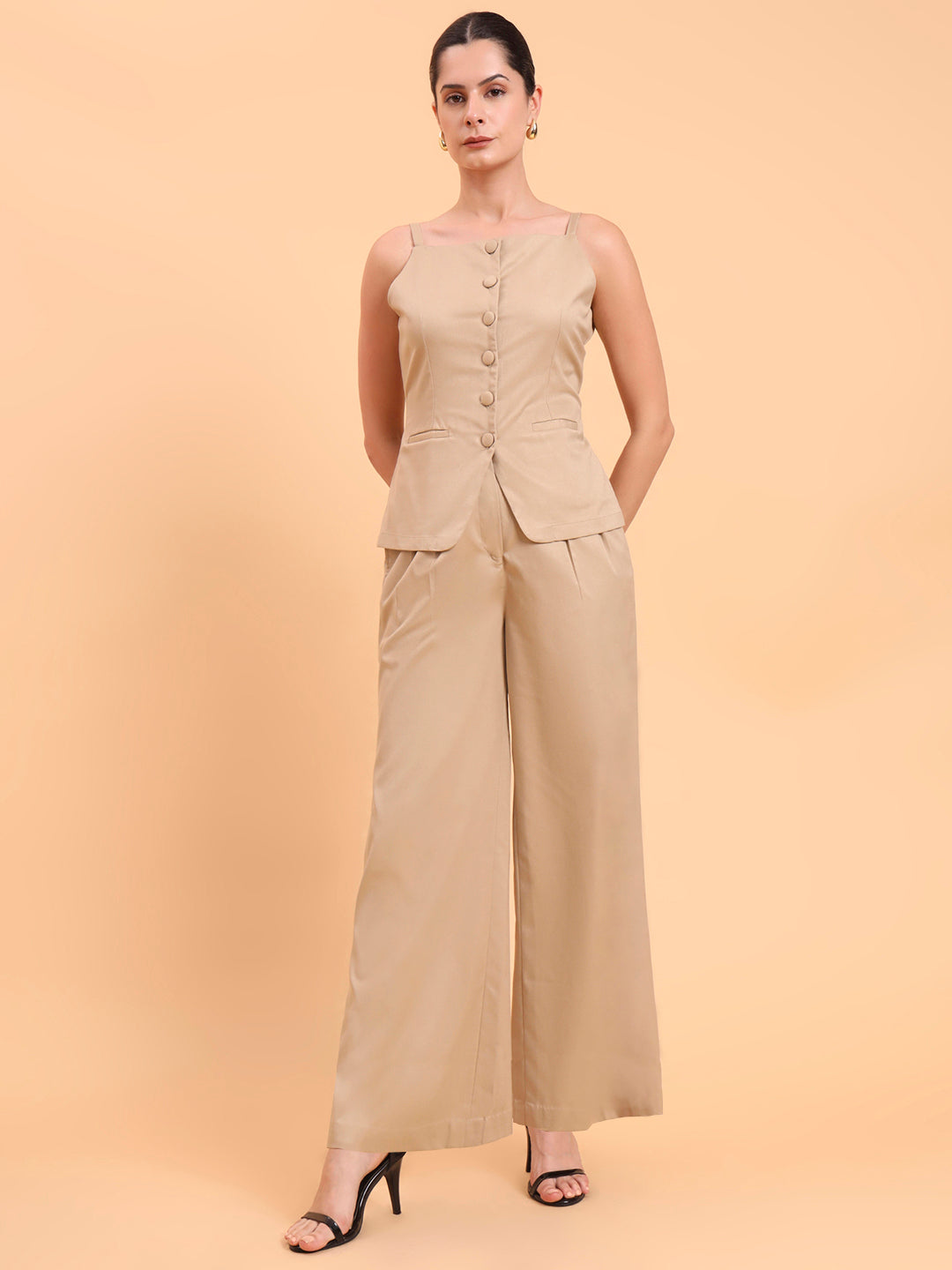 Women Beige Strappy Vest & Pleated Loose-Fit Co-Ords Set