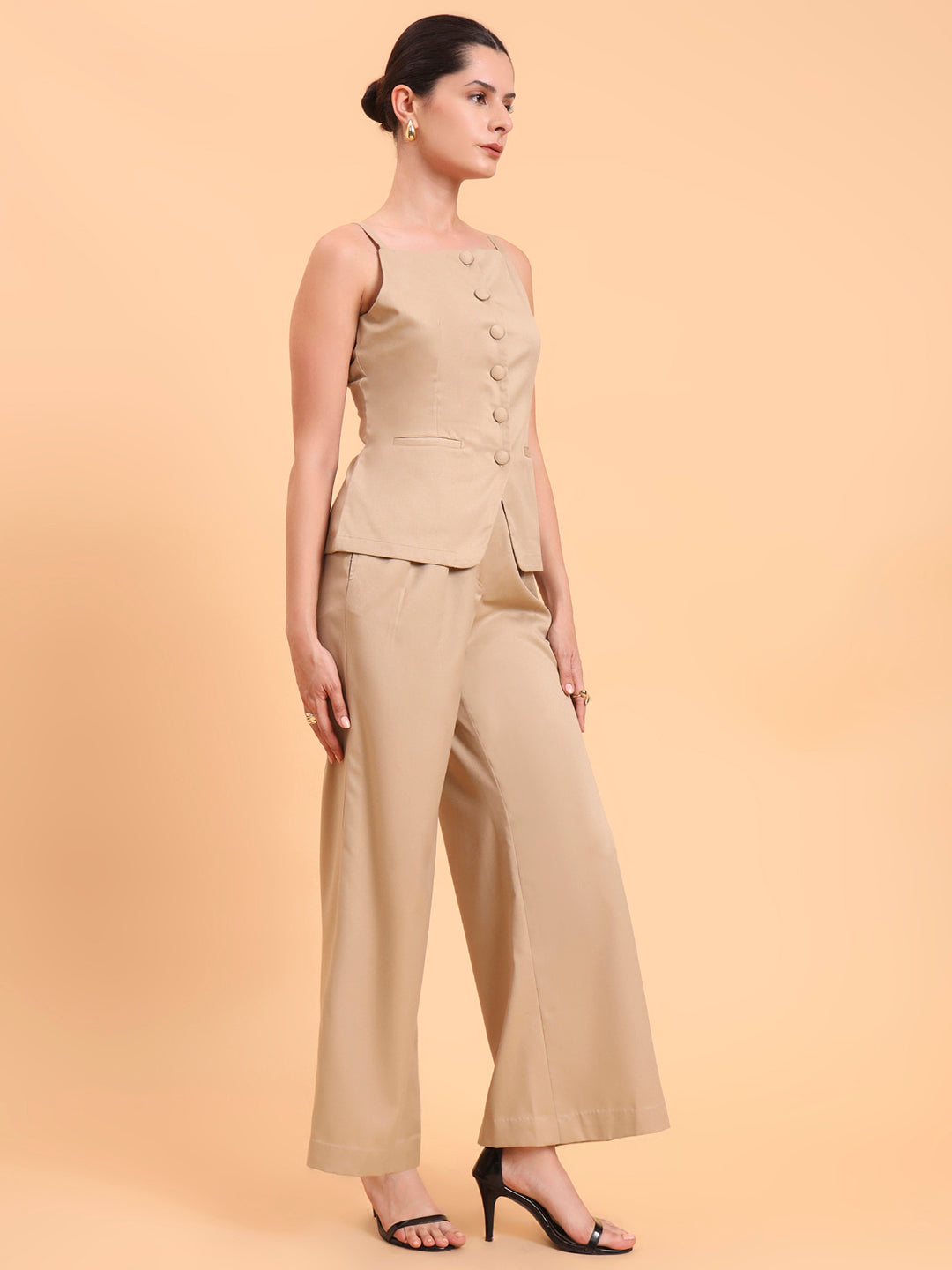 Women Beige Strappy Vest & Pleated Loose-Fit Co-Ords Set