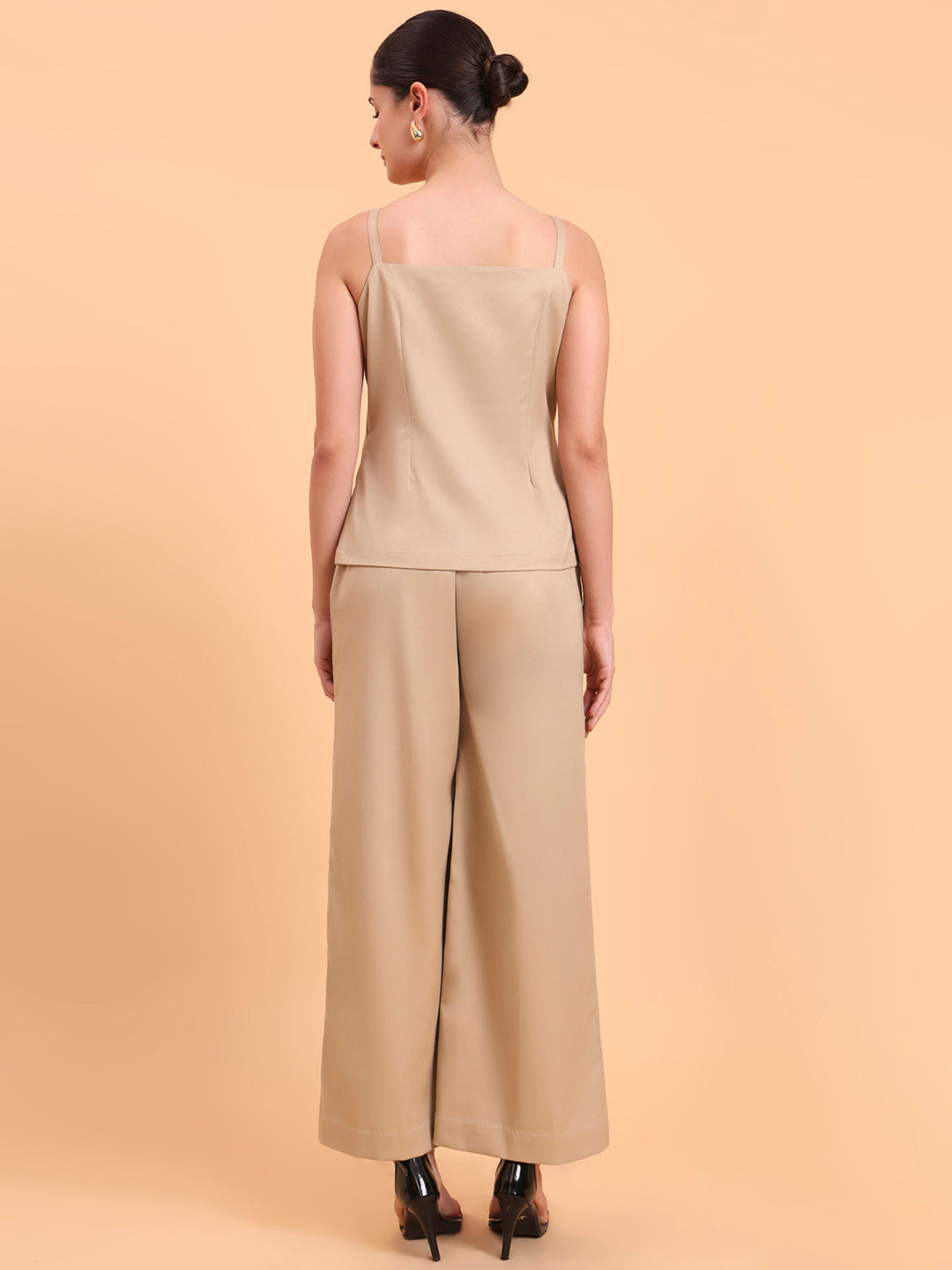 Women Beige Strappy Vest & Pleated Loose-Fit Co-Ords Set