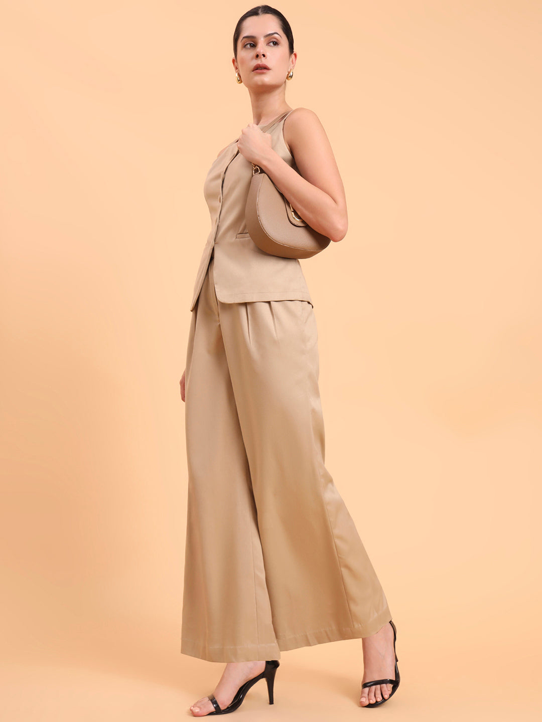 Women Beige Strappy Vest & Pleated Loose-Fit Co-Ords Set