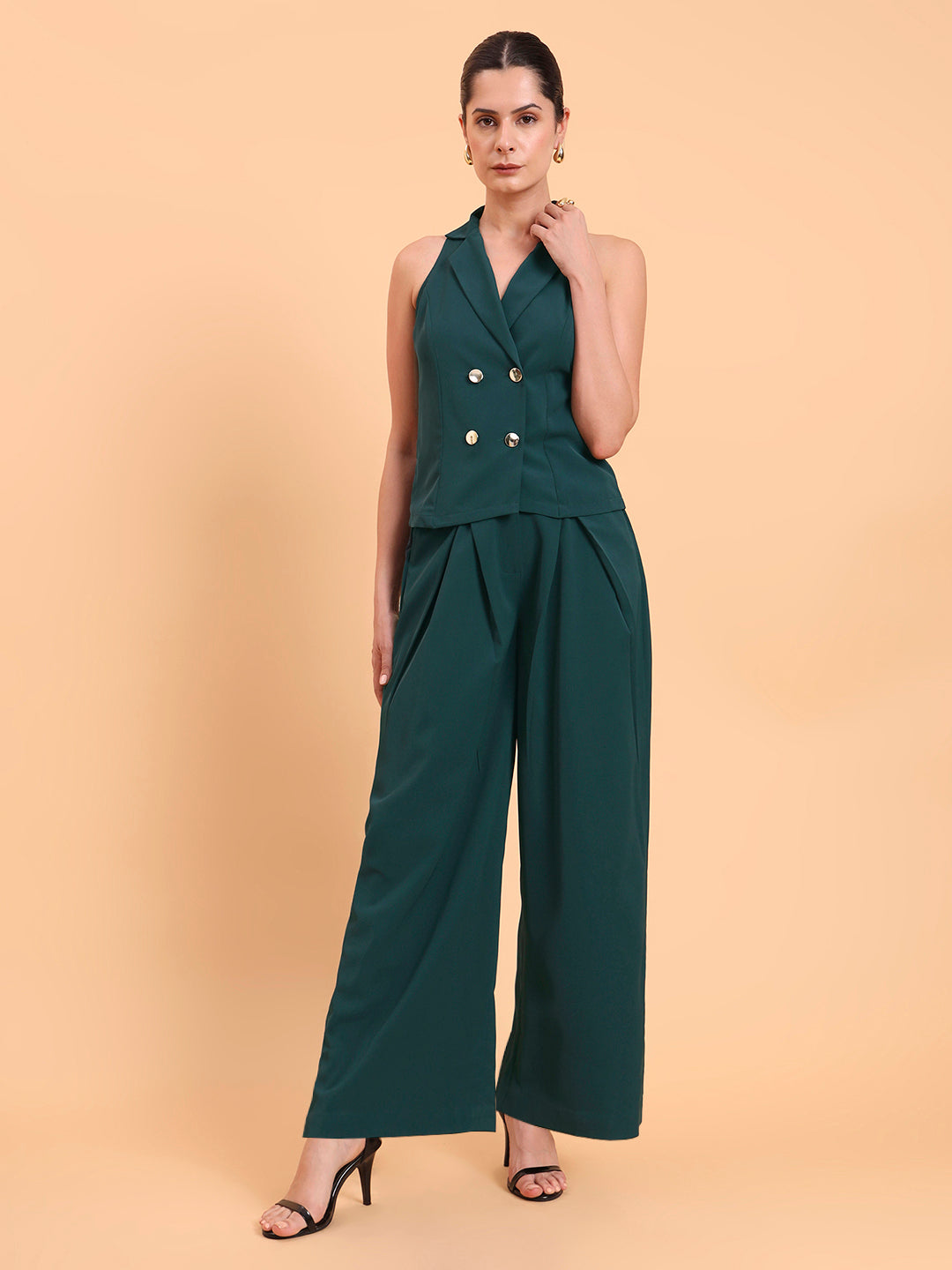 Women Halter Double Breasted Vest With Inverted Pleated Green Co-Ords Set In Stretch Fabric