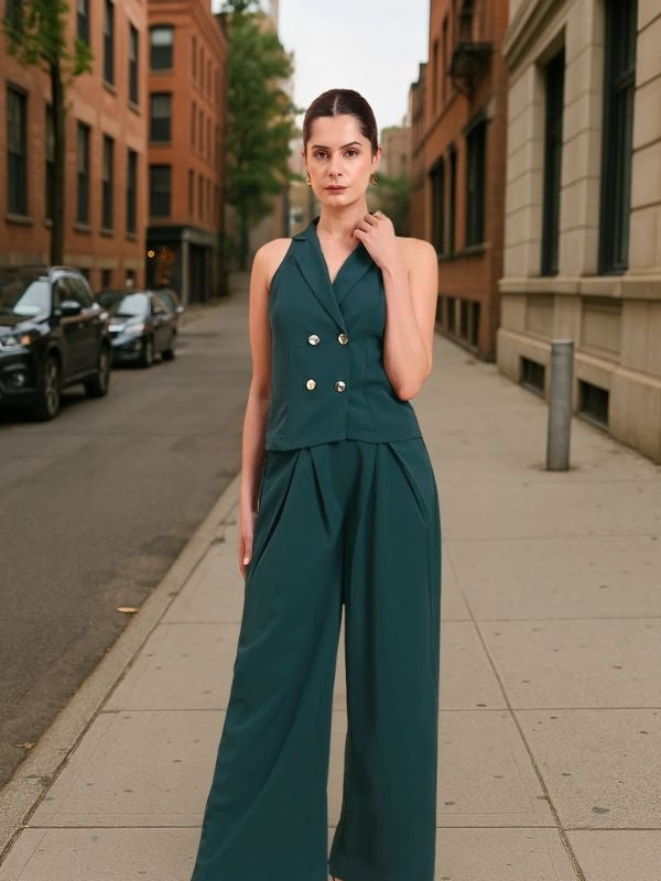 Women Halter Double Breasted Vest With Inverted Pleated Green Co-Ords Set In Stretch Fabric