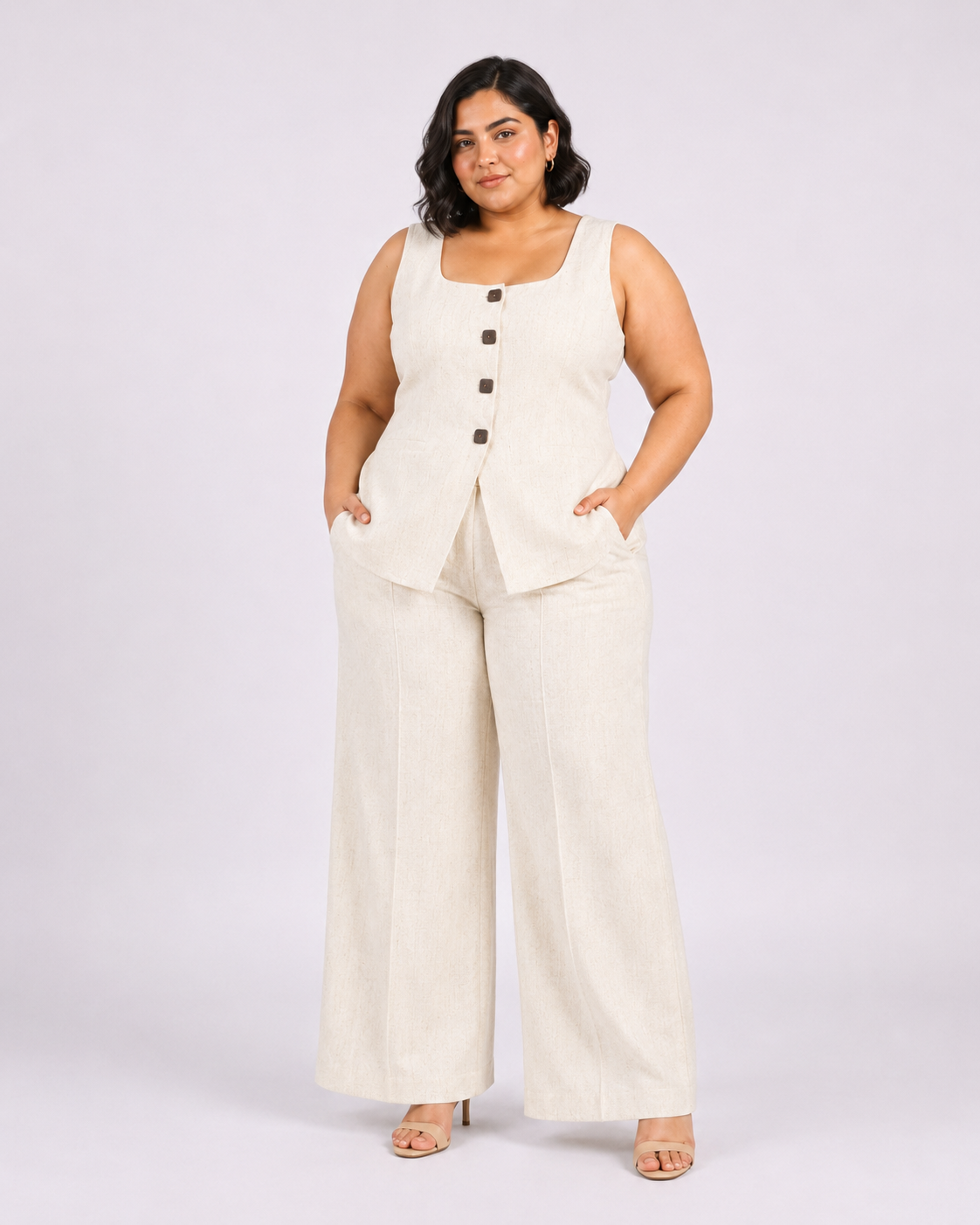 Women Beige U-Neck Linen Blend Tailored Waistcoat with Straight Fit Co-Ord set