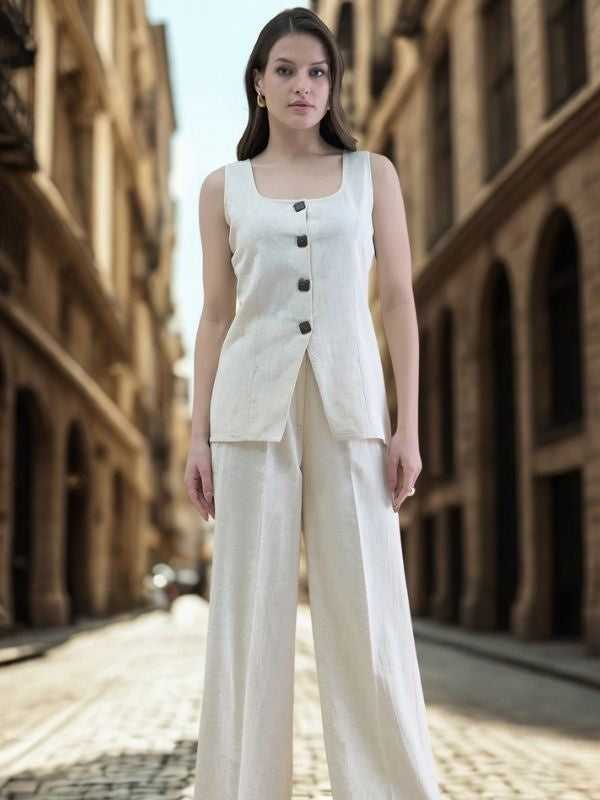 Women Beige U-Neck Linen Blend Tailored Waistcoat with Straight Fit Co-Ords