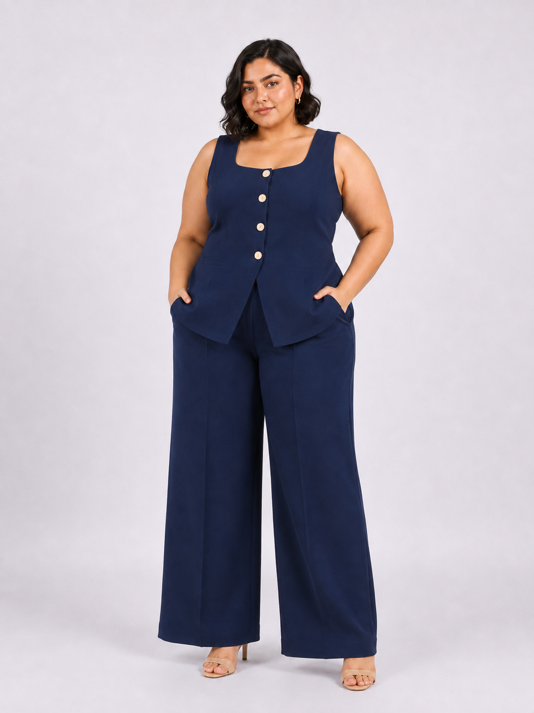 Women U-Neck Straight Fit Waistcoat And Trouser