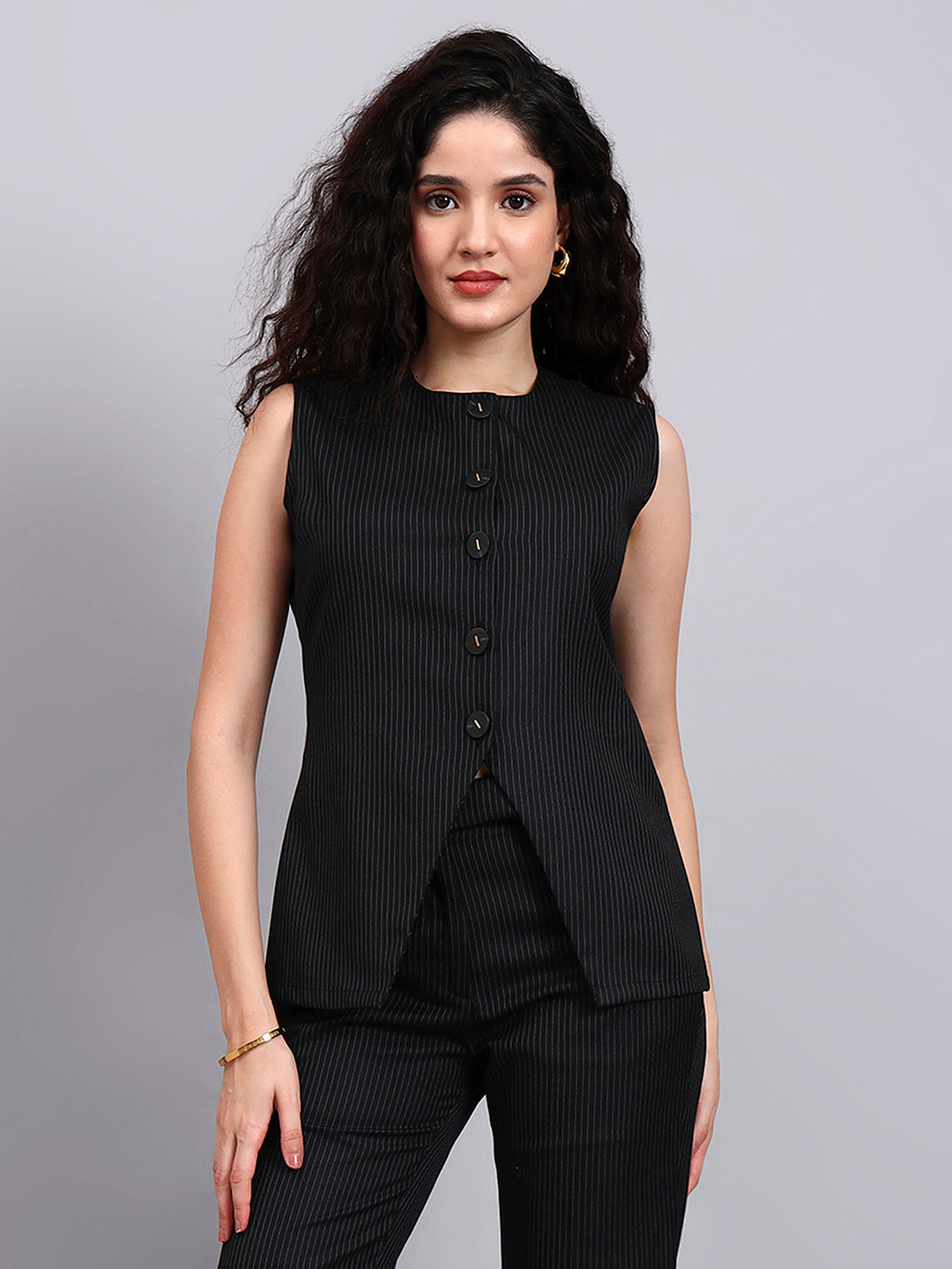Black Pinstriped Co-Ord Set With Sleek Tailored Flair