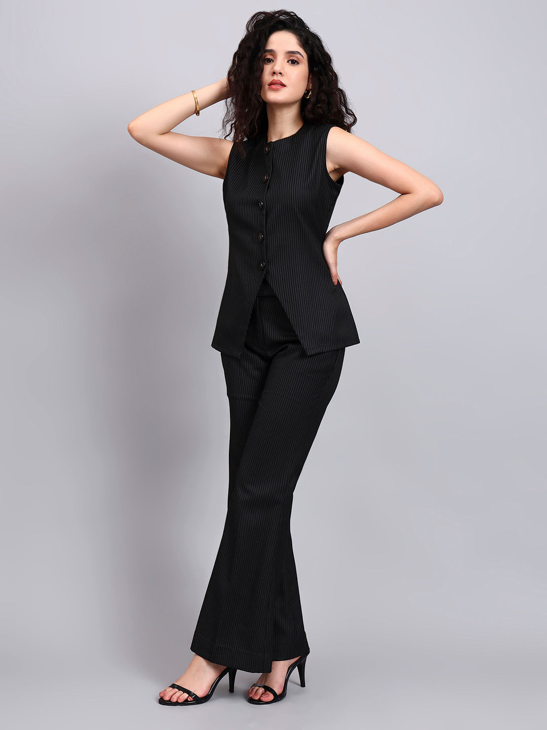 Black Pinstriped Co-Ord Set With Sleek Tailored Flair