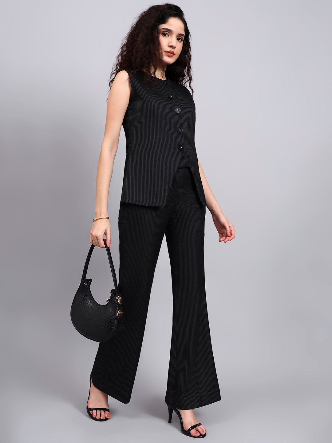 Black Pinstriped Co-Ord Set With Sleek Tailored Flair