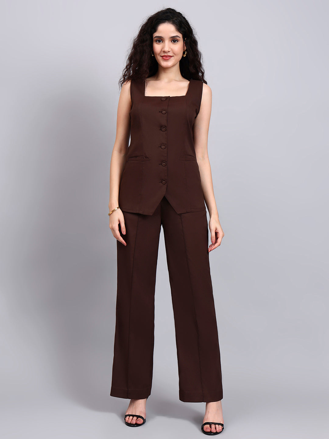Stretch Brown Sleeveless Co-Ord Set with Tailored Button-Down Top and Semi-Flared Trousers