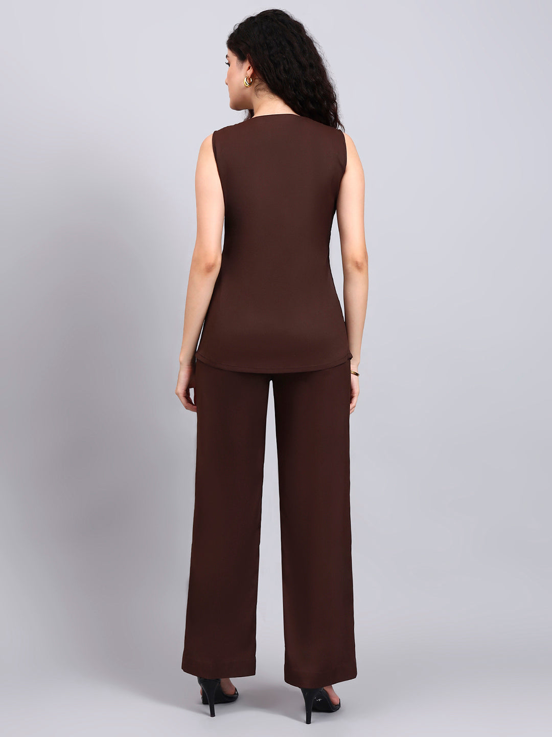 Stretch Brown Sleeveless Co-Ord Set with Tailored Button-Down Top and Semi-Flared Trousers