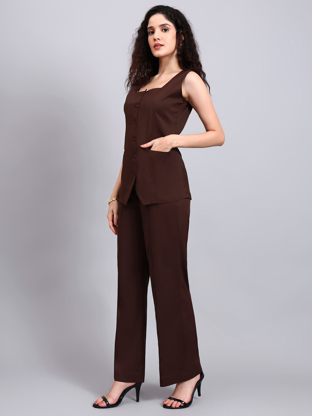 Stretch Brown Sleeveless Co-Ord Set with Tailored Button-Down Top and Semi-Flared Trousers