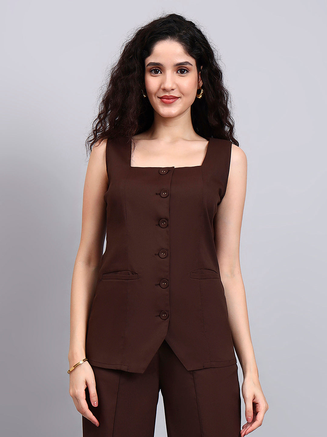 Stretch Brown Sleeveless Co-Ord Set with Tailored Button-Down Top and Semi-Flared Trousers