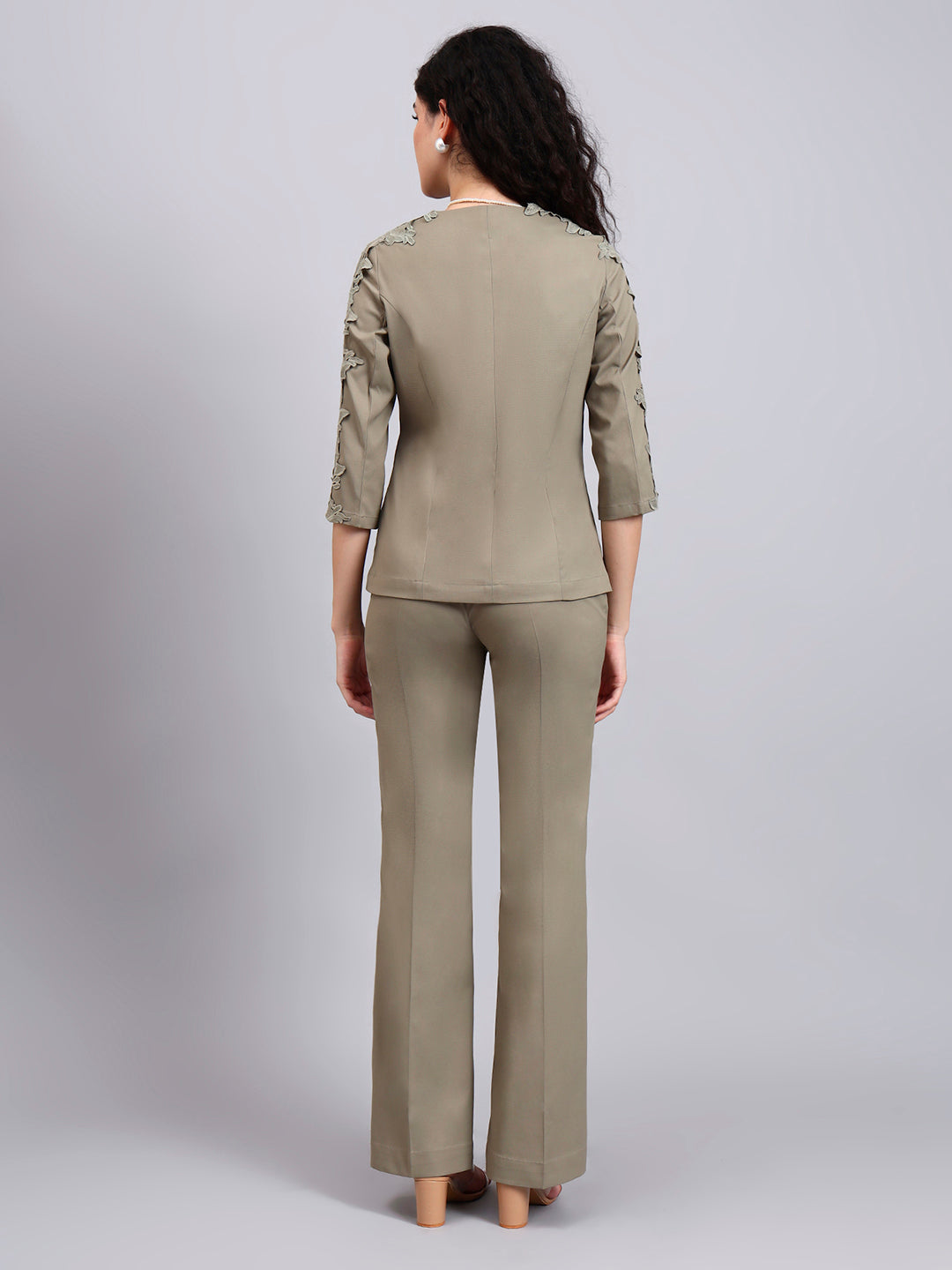 Sage Green Stretch Co-Ord Set Featuring Button-Down Top and Loose-Fit Trousers
