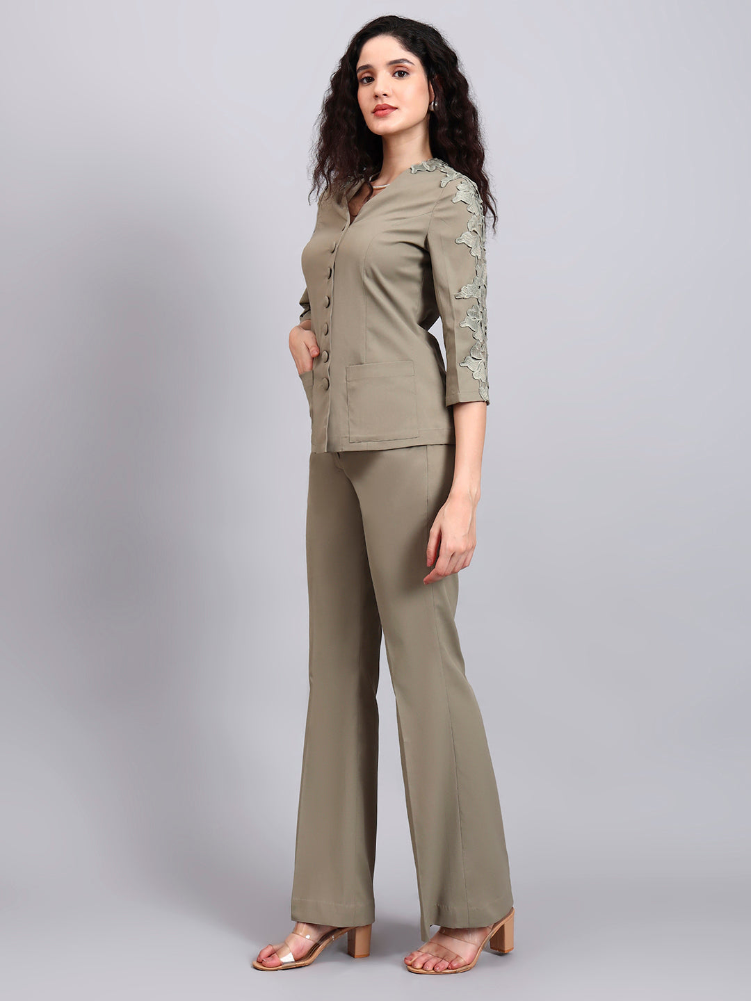 Sage Green Stretch Co-Ord Set Featuring Button-Down Top and Loose-Fit Trousers