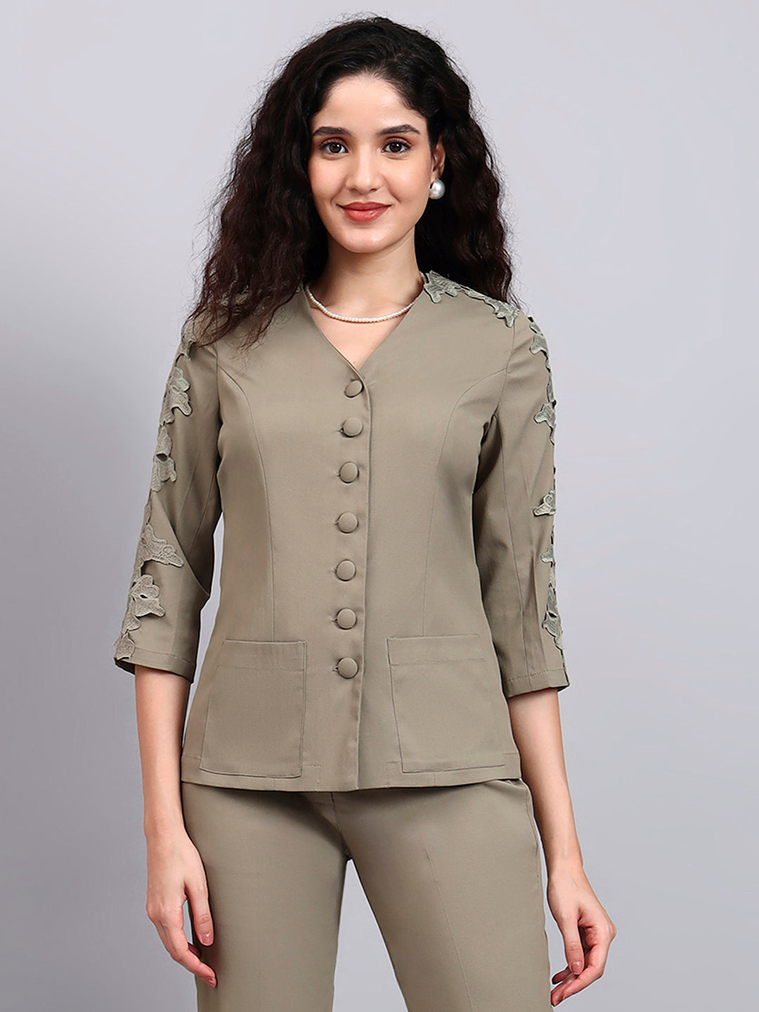 Sage Green Stretch Co-Ord Set Featuring Button-Down Top and Loose-Fit Trousers