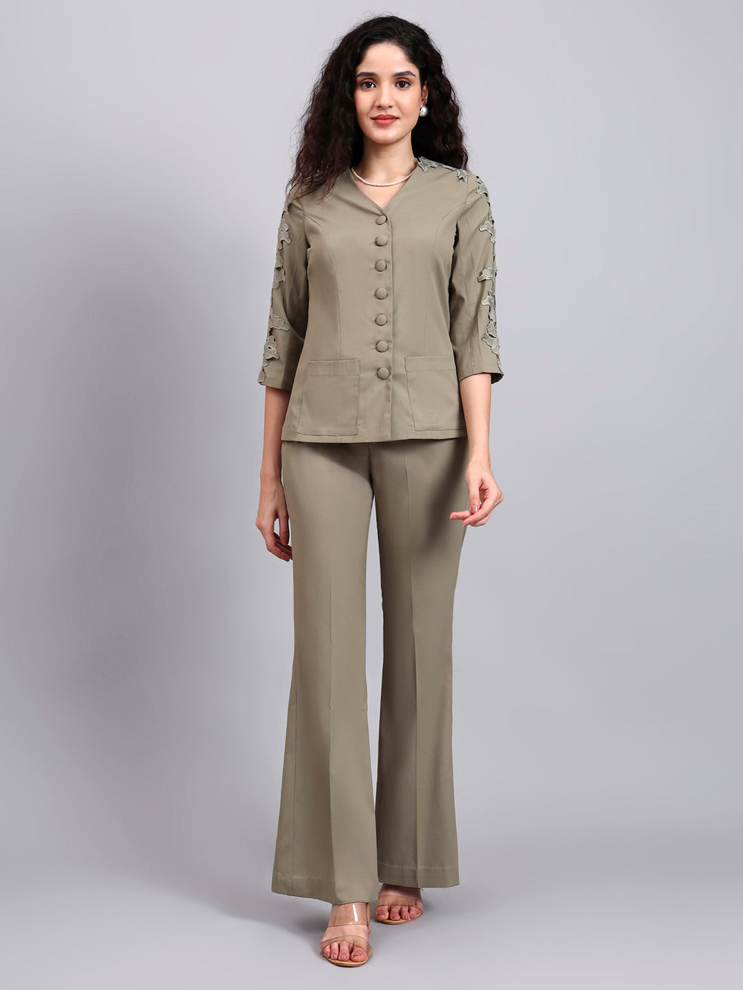 Sage Green Stretch Co-Ord Set Featuring Button-Down Top and Loose-Fit Trousers