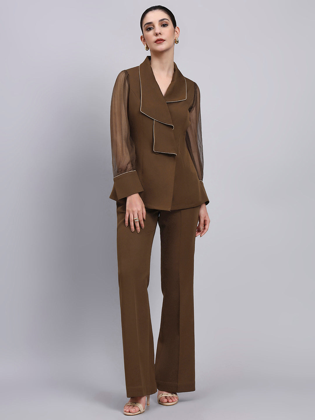 Tailored brown Co-Ord Set Featuring double collar top with contrast piping and Flared Pants