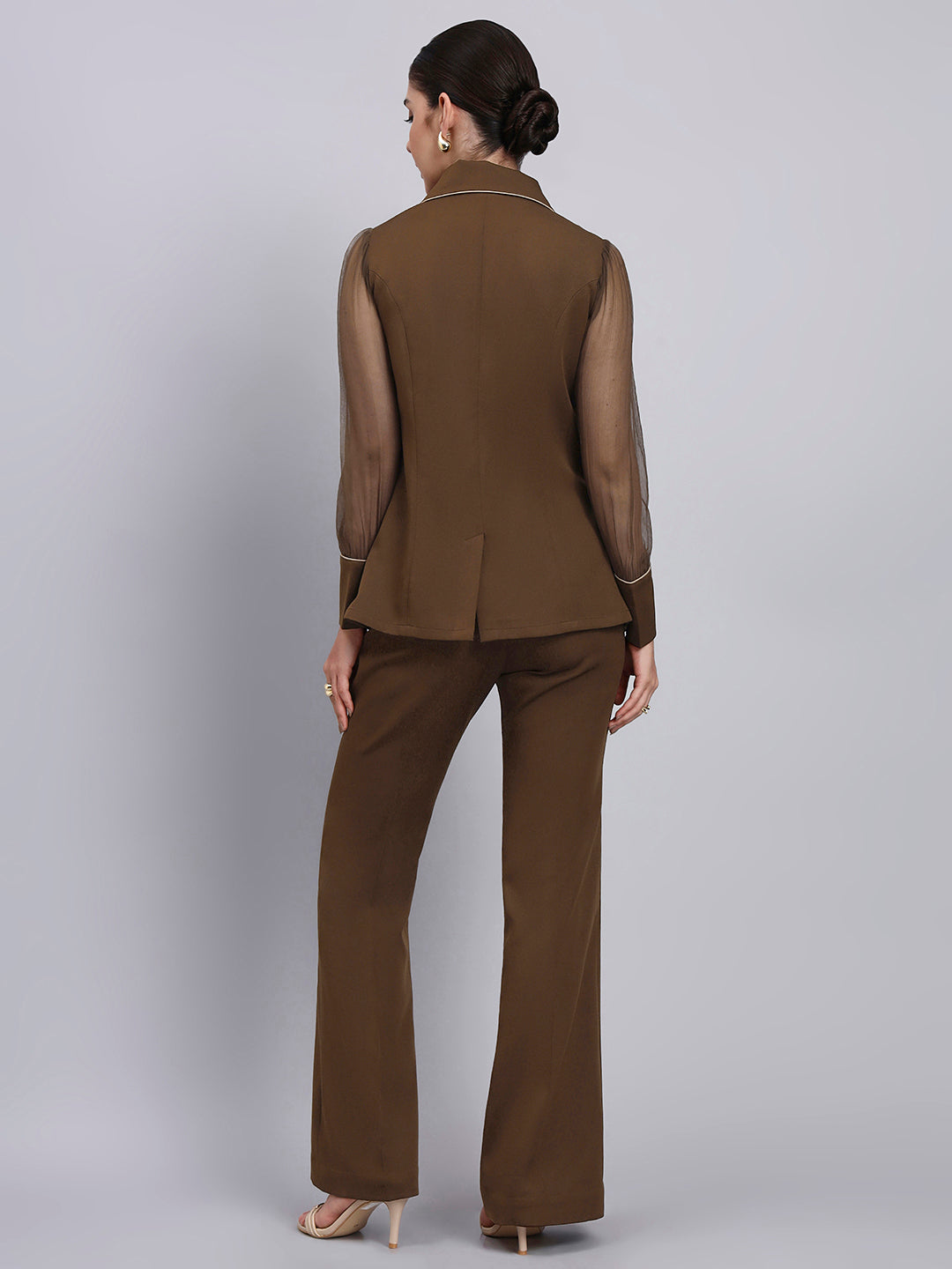 Tailored brown Co-Ord Set Featuring double collar top with contrast piping and Flared Pants