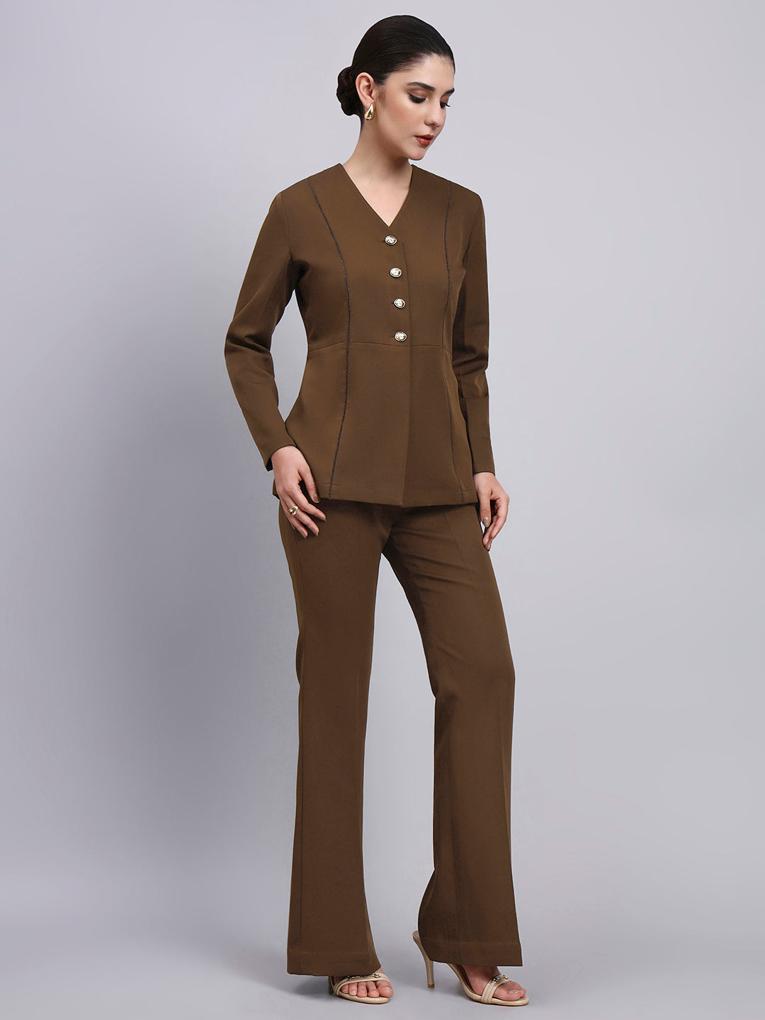 Tailored brown Co-Ord Set Featuring lace top with Flared Pants